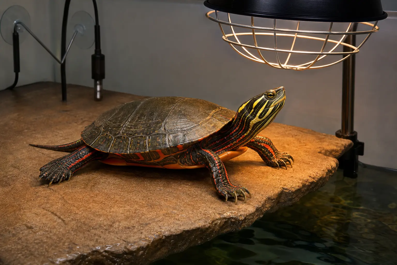 Adult painted turtle with a smooth dark shell, red-orange edges, and striped head using a measured warm zone beside guarded thermostat-controlled heat and a shaded cool retreat.