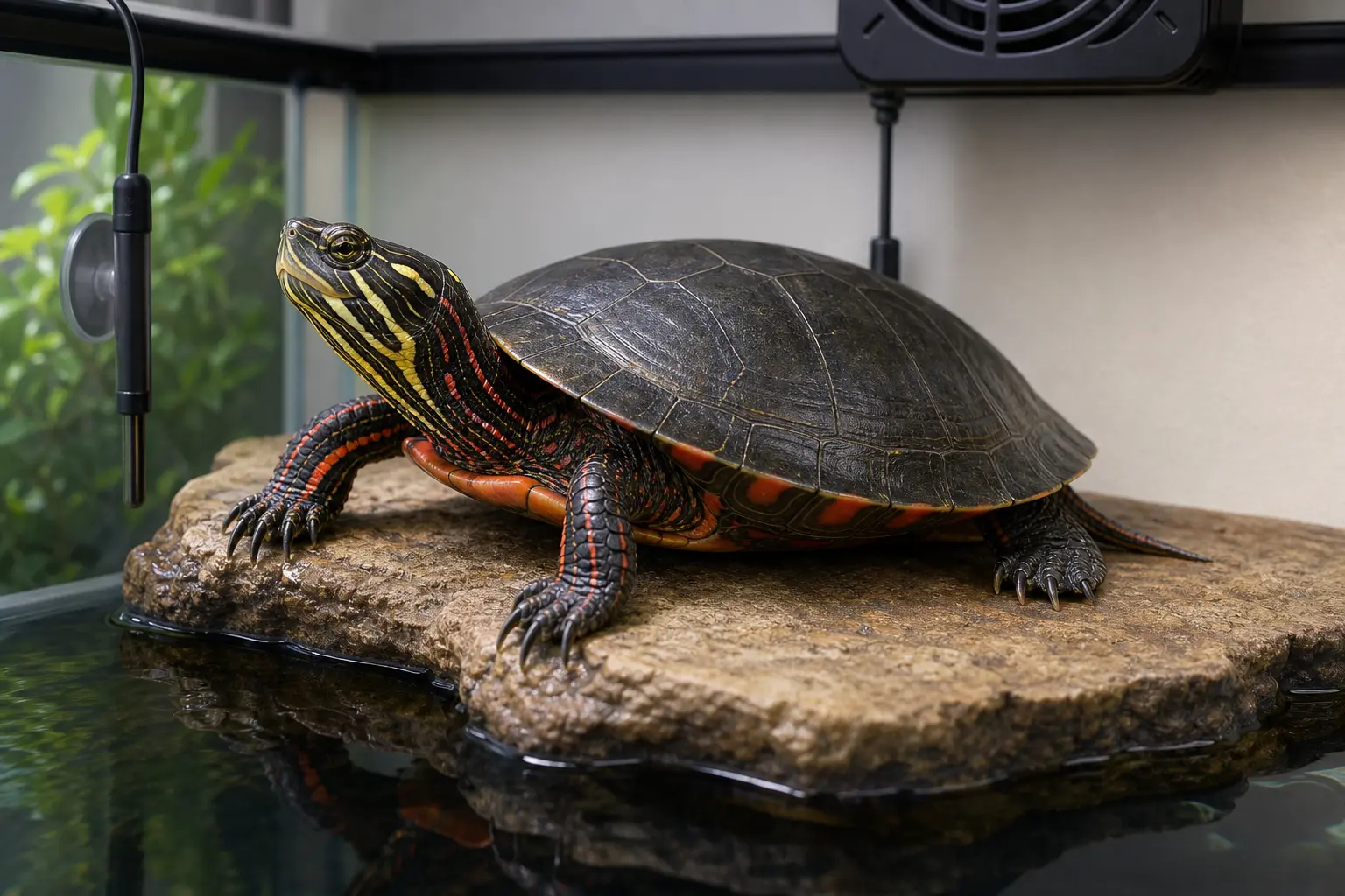 Adult painted turtle with a smooth dark shell, red-orange edges, and striped head beside species-appropriate moisture, dry footing, clean water, ventilation, and a blank hygrometer.