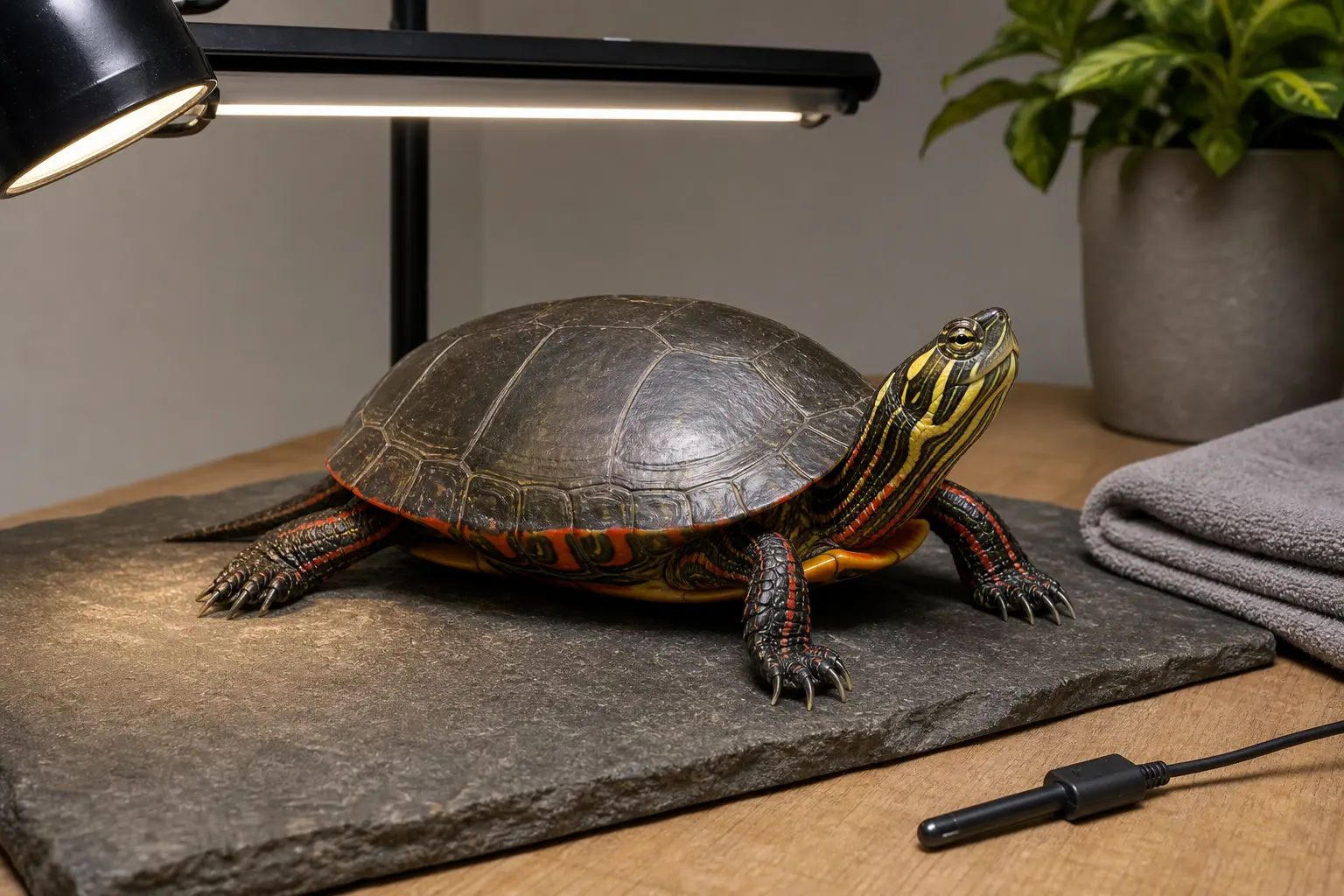 Adult painted turtle with a smooth dark shell, red-orange edges, and striped head during a calm post-shed visual check without pulling skin or shell material.