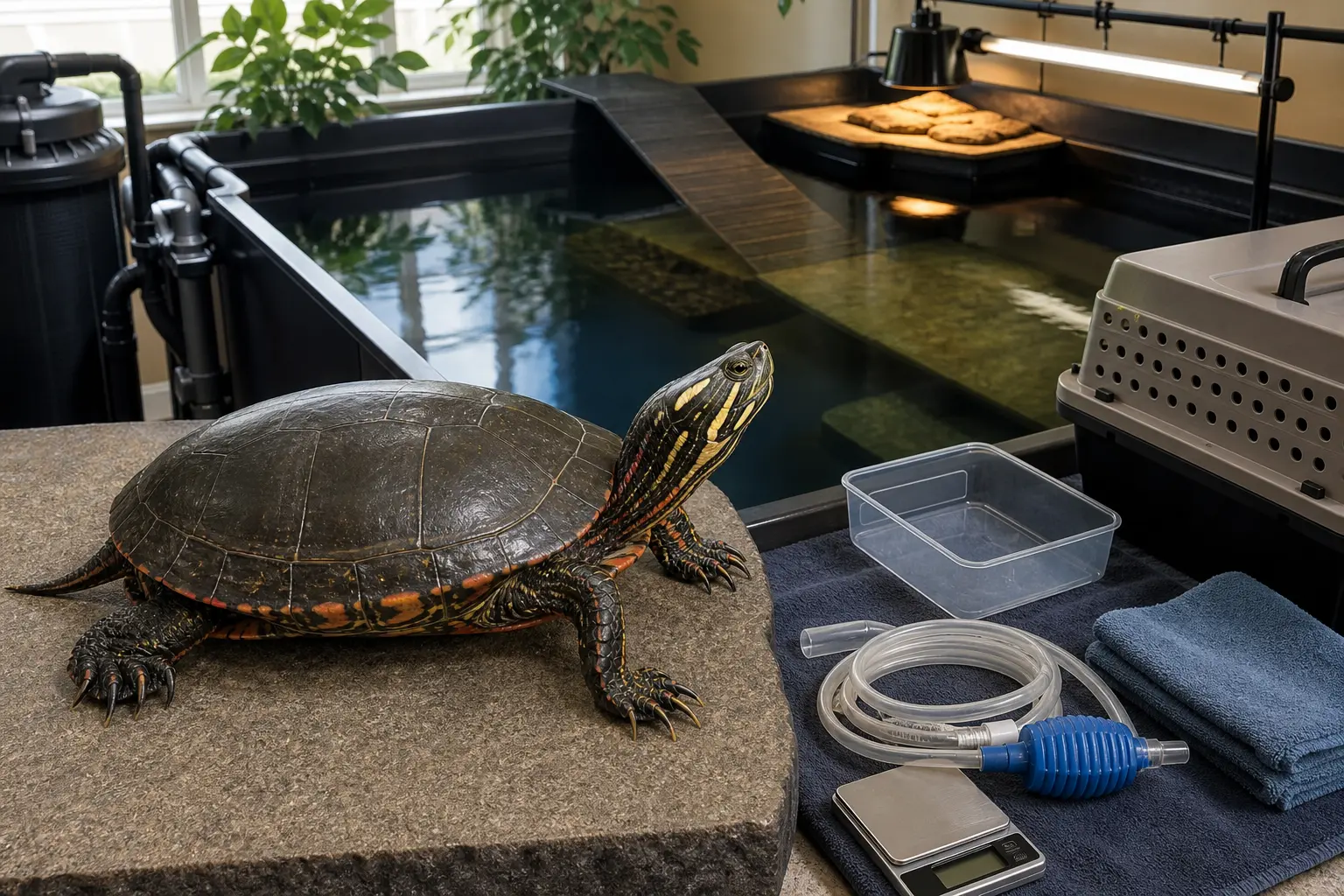 Adult painted turtle with a smooth dark shell, red-orange edges, and striped head in a finished habitat beside organized climate controls, lighting, care tools, a scale, and a carrier.