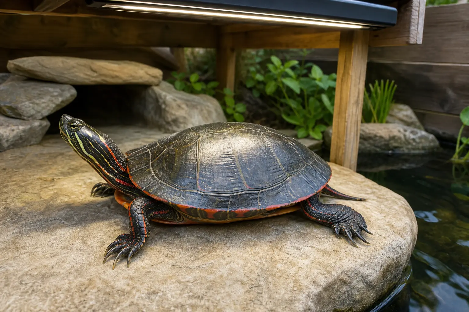 Adult painted turtle with a smooth dark shell, red-orange edges, and striped head using a measured UVB-and-shade gradient with a clear route into complete cover.