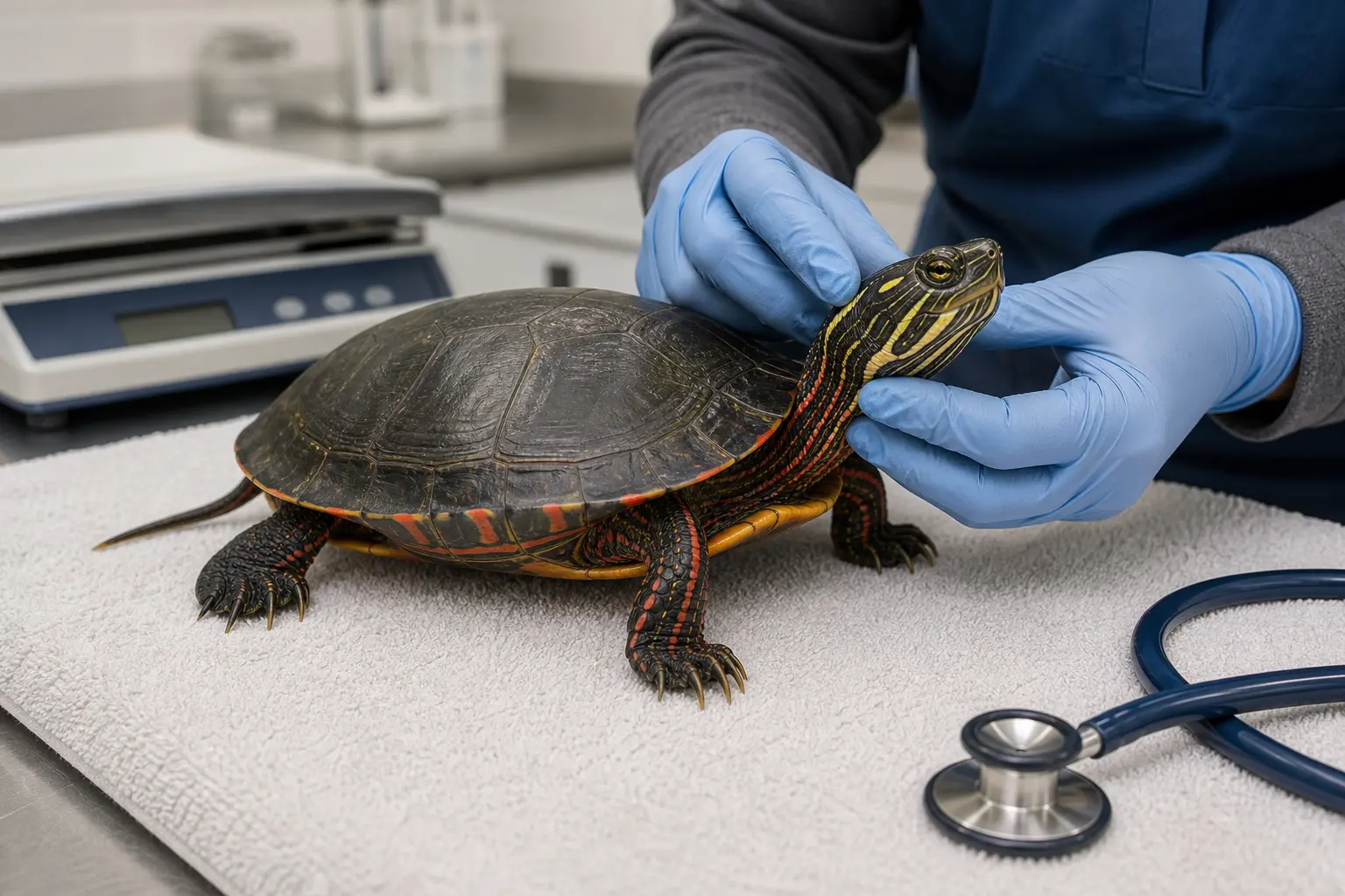 Adult painted turtle with a smooth dark shell, red-orange edges, and striped head receiving a calm non-invasive wellness examination from a reptile veterinarian on a clean towel.