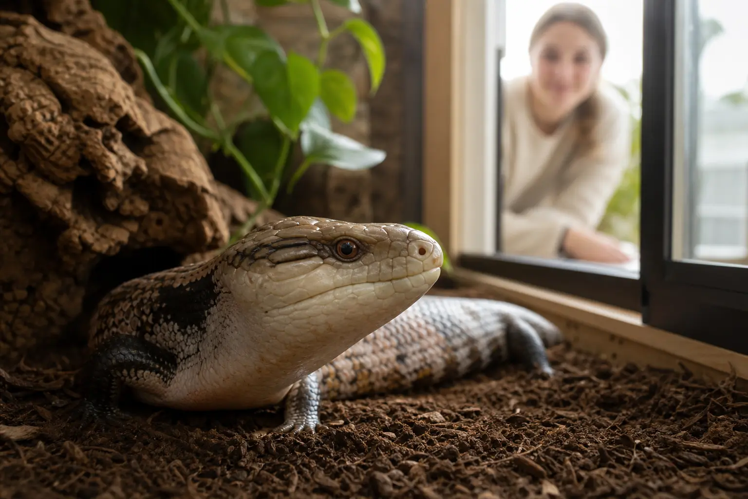 Healthy adult eastern blue-tongued skink watching its keeper from the front of a naturalistic habitat.