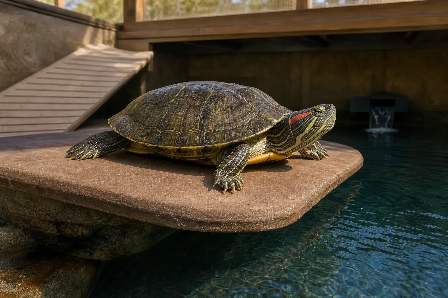 Alert adult red-eared slider on a broad dry basking platform above clean deep water with its olive shell, striped face, and red ear patch in clear view.