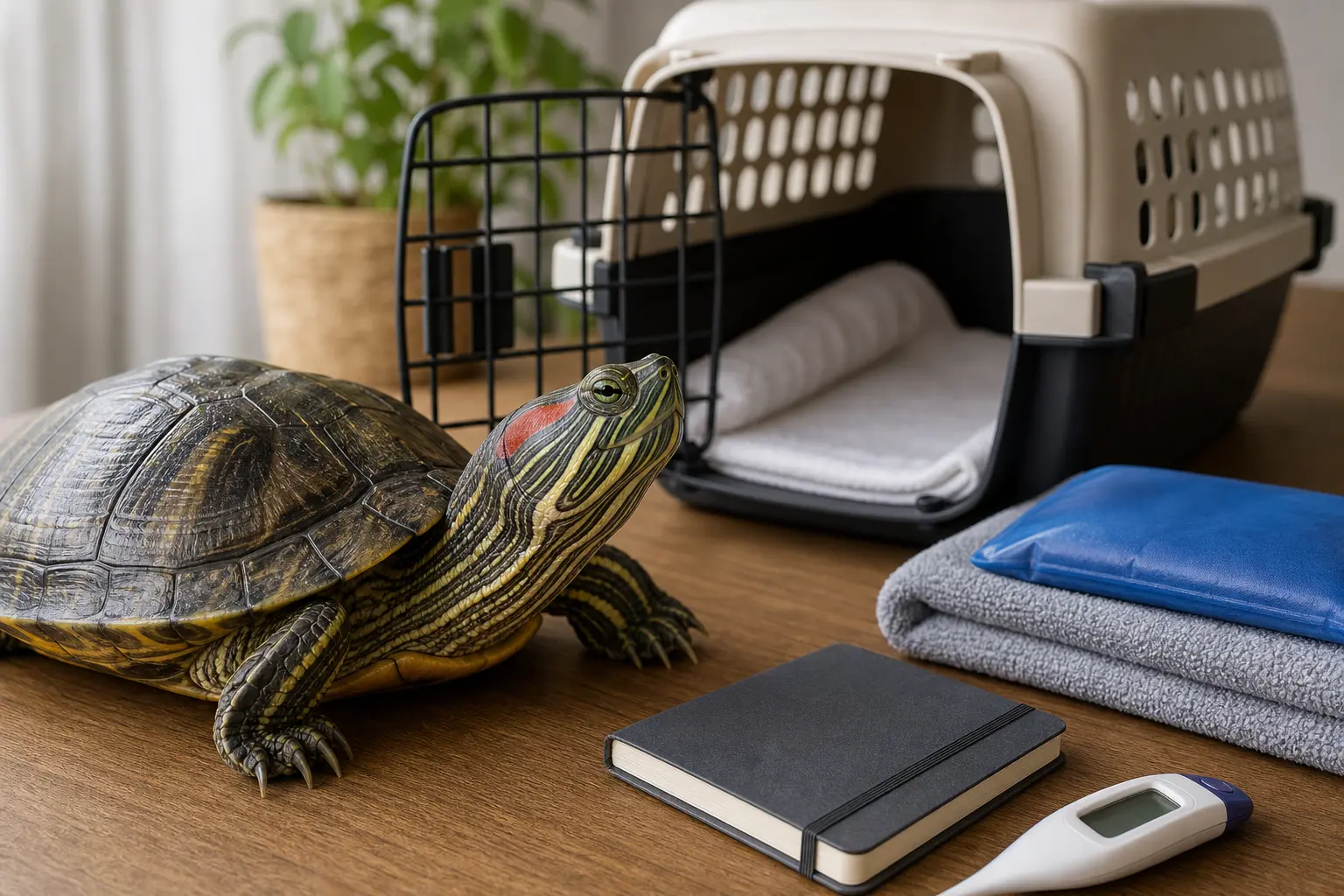 Healthy adult red-eared slider beside a secure ventilated carrier, clean towel, digital thermometer, blank care notebook, and safely buffered temperature pack.