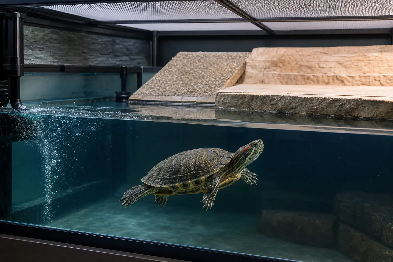 Adult red-eared slider swimming in a large clean aquarium with deep open water, powerful filtration, cover, a secure ramp, and a completely dry basking platform.