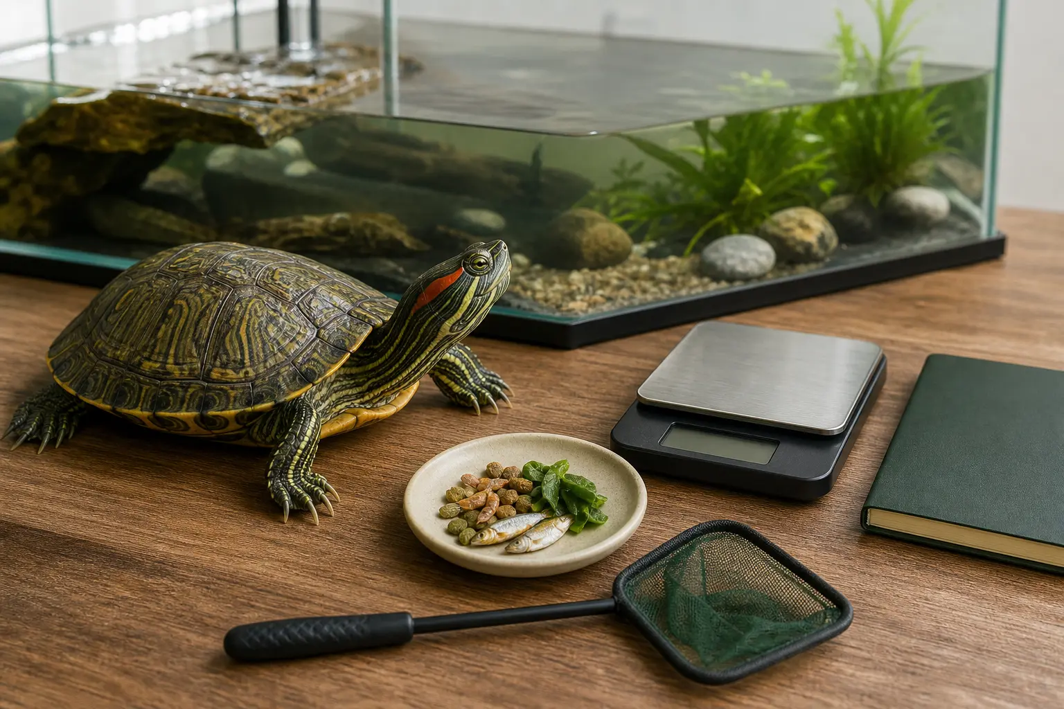 Adult red-eared slider beside a small measured feeding portion, a net, a gram scale, and a closed care notebook near its aquarium.