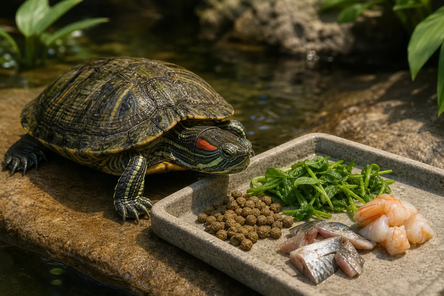 Adult red-eared slider approaching a varied measured aquatic meal of quality turtle pellets, safe leafy plants, and appropriate animal foods.