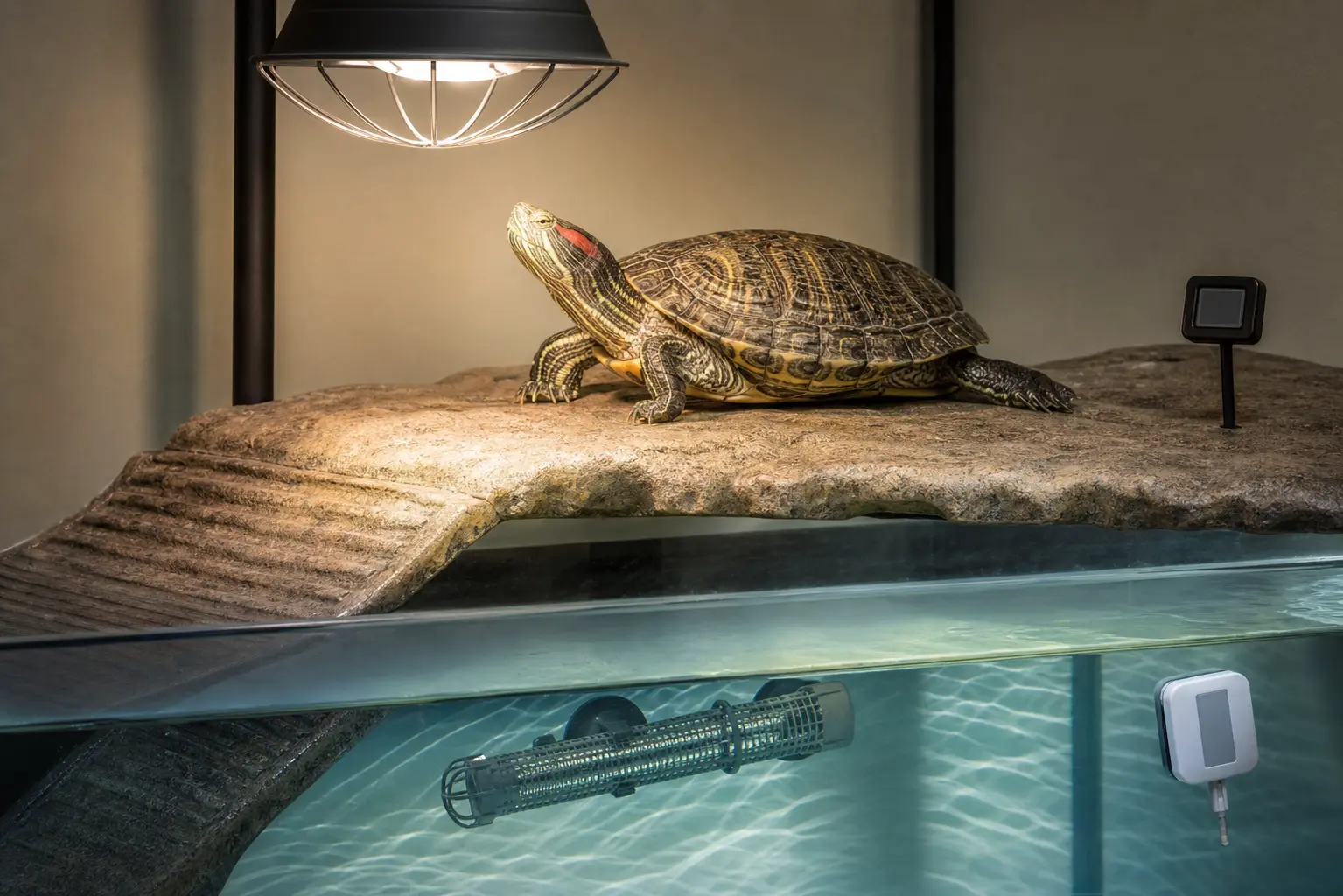 Adult red-eared slider basking fully dry beneath guarded overhead heat above temperature-controlled water with fixed thermometers.