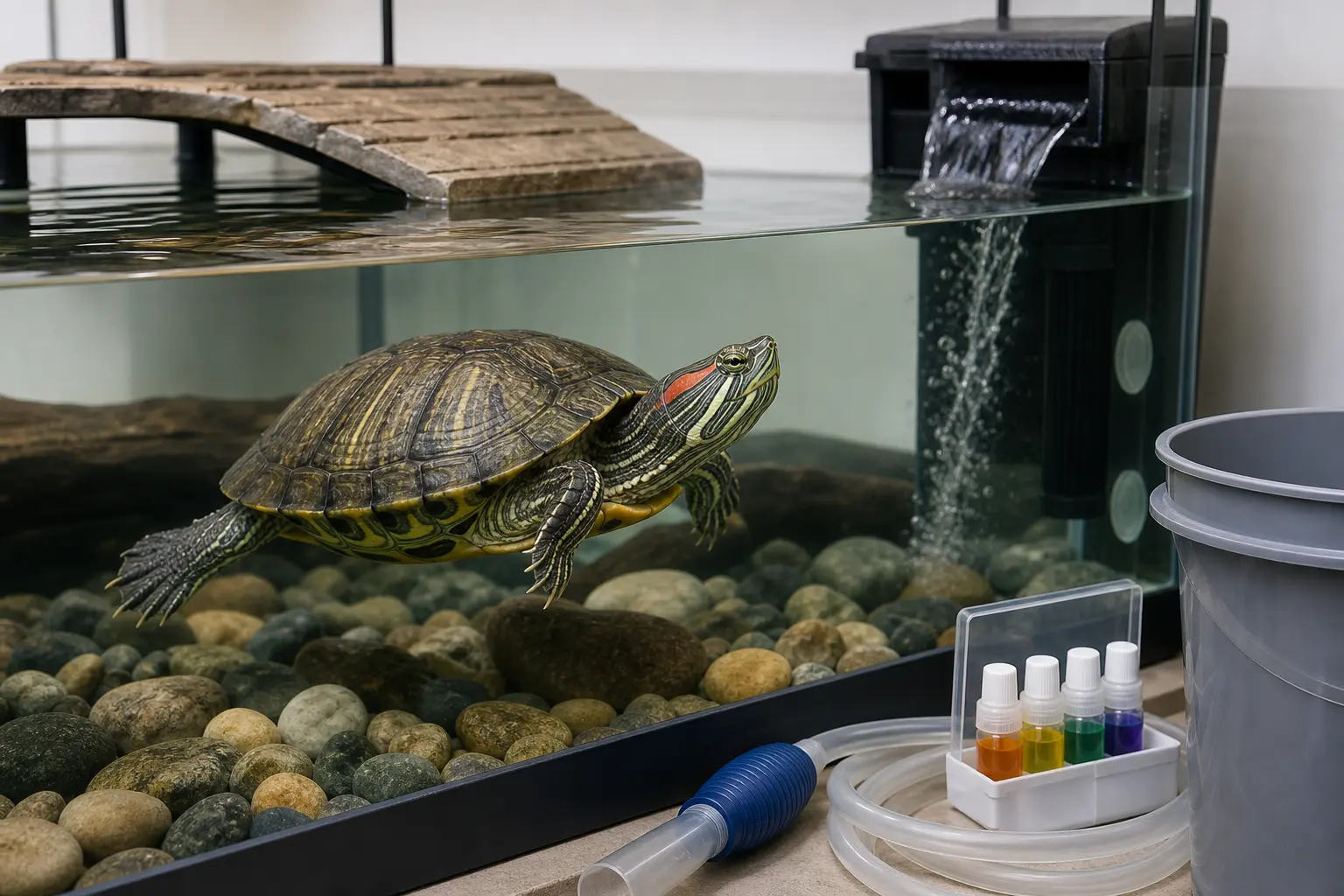 Adult red-eared slider in clear filtered water beside a water-test kit, siphon, and fully dry ventilated basking platform.