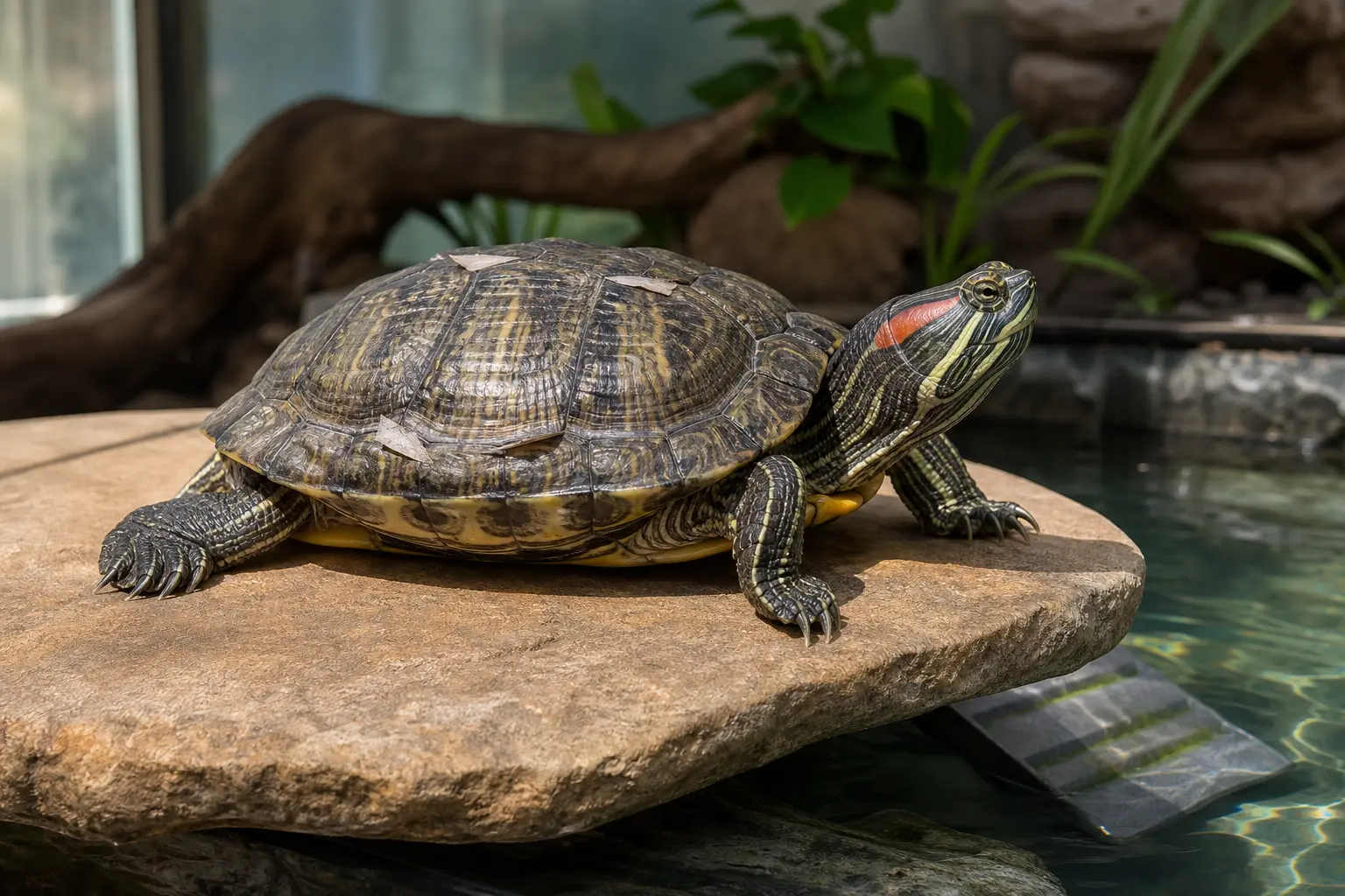 Adult red-eared slider basking fully dry while thin individual shell scutes lift naturally and a keeper observes without pulling them.