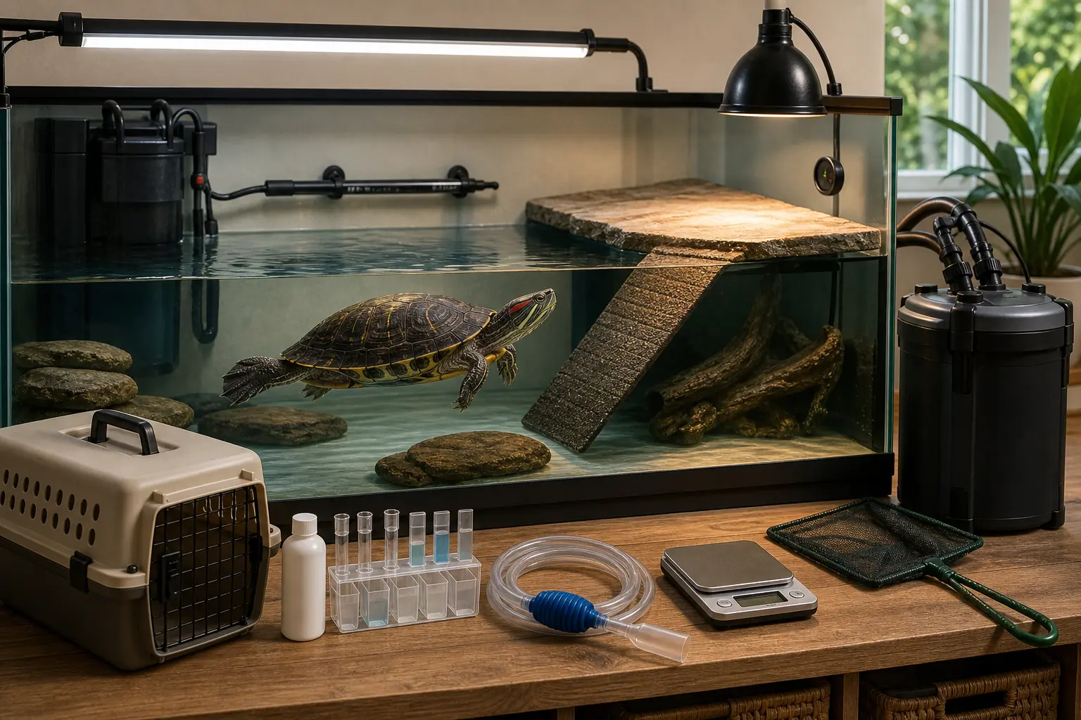 Adult red-eared slider in a finished aquatic habitat beside organized filtration, water-test supplies, lighting, thermometers, a net, a scale, and a ventilated carrier.