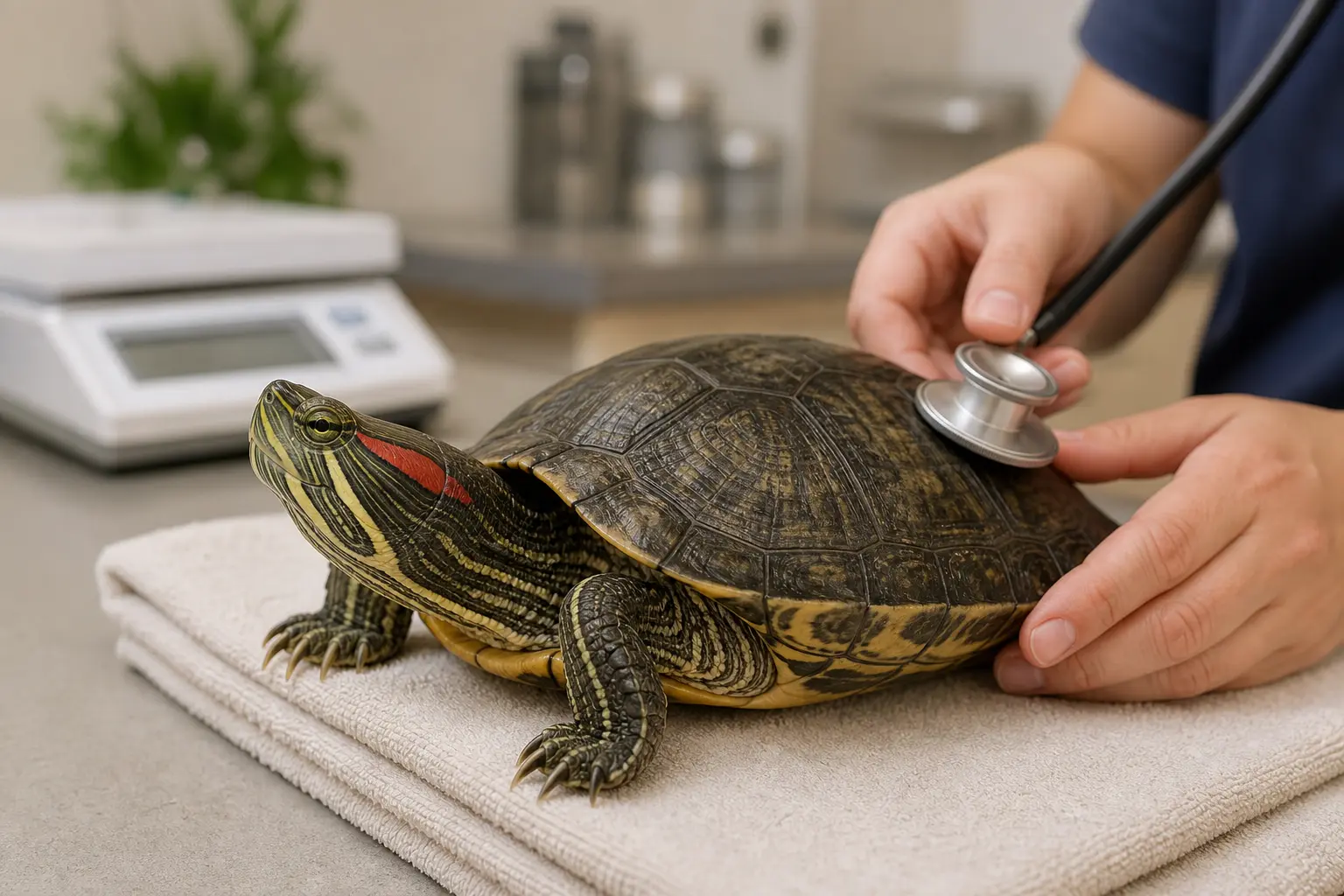 Healthy adult red-eared slider receiving a calm dry routine examination from a reptile veterinarian on a clean towel.