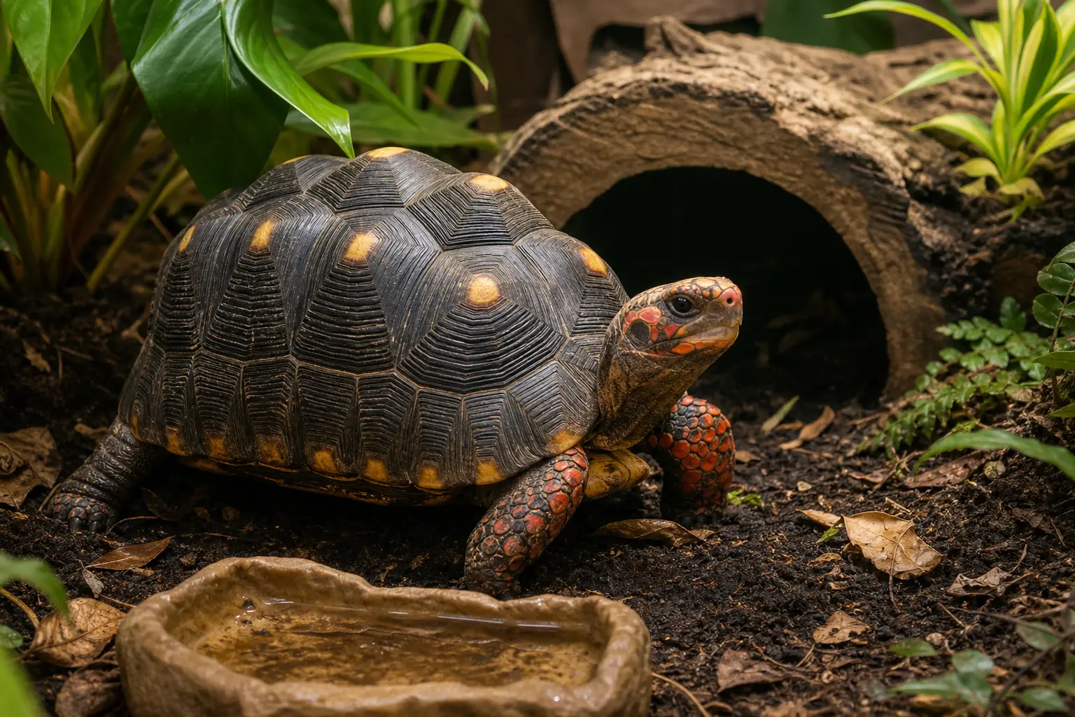 Alert adult red-footed tortoise exploring humid forest-floor cover with its dark shell, yellow scute centres, and red-orange face and leg scales in view.