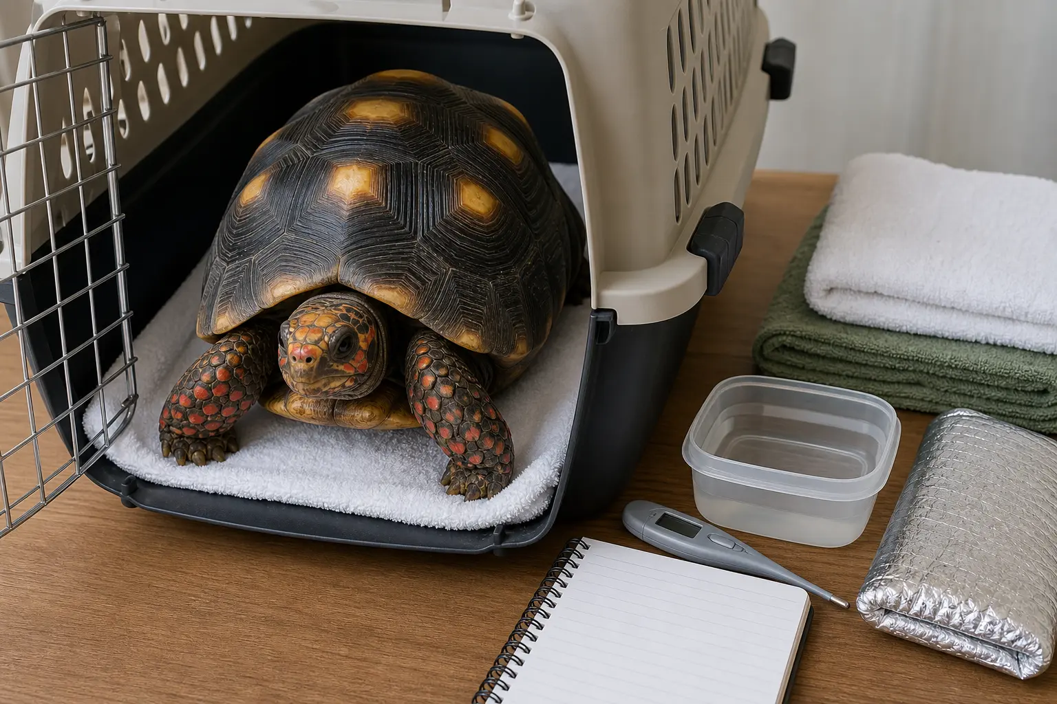 Adult red-footed tortoise with a yellow-centred dark shell and red-orange face and legs beside a secure ventilated carrier, clean liner, digital thermometer, blank care notebook, and safely buffered temperature pack.