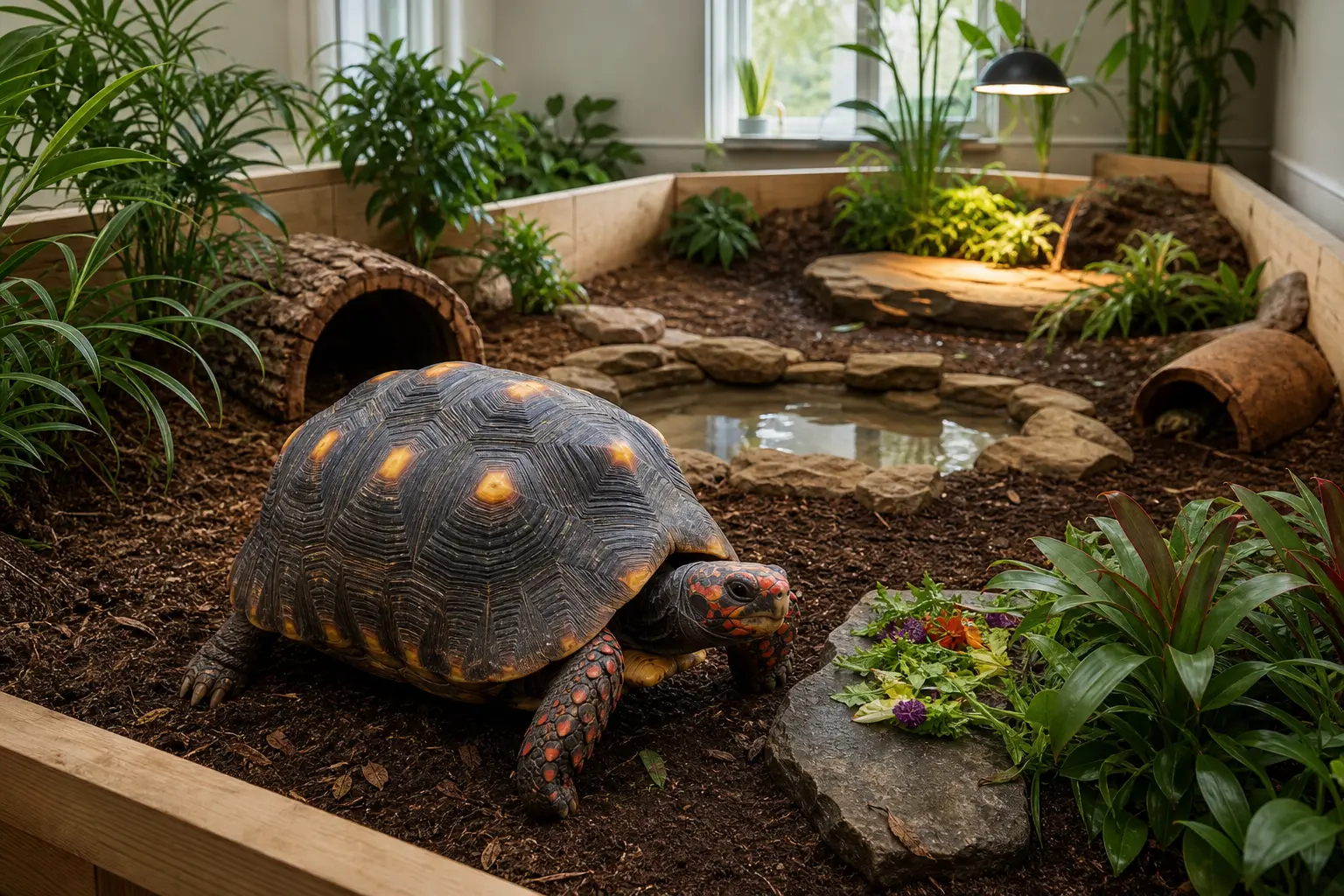 Adult red-footed tortoise with a yellow-centred dark shell and red-orange face and legs inside a secure adult habitat with species-appropriate cover, routes, water, and measured climate choices.