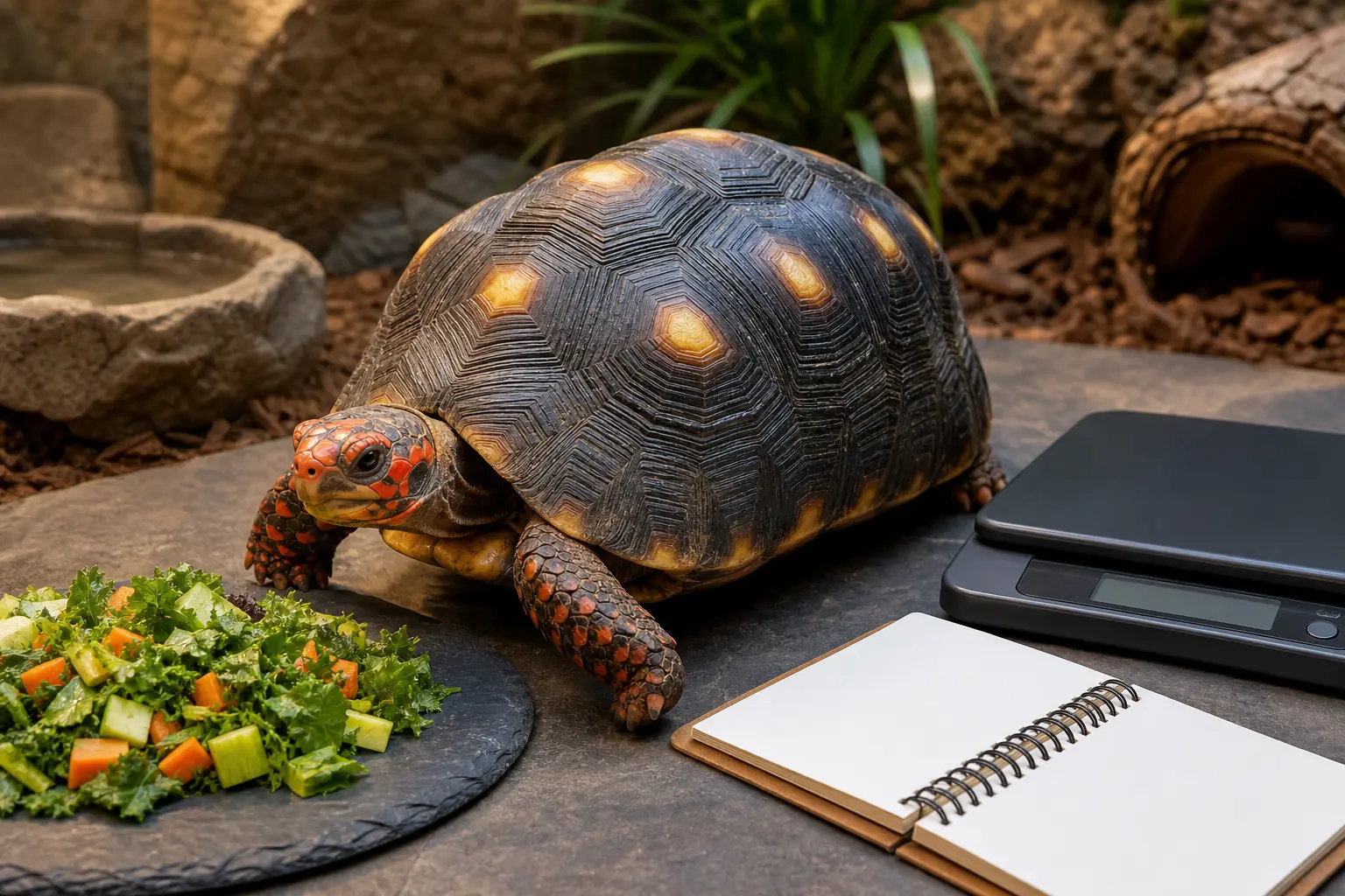 Adult red-footed tortoise with a yellow-centred dark shell and red-orange face and legs beside a measured meal, a gram scale, clean feeding tools, and a closed care notebook.