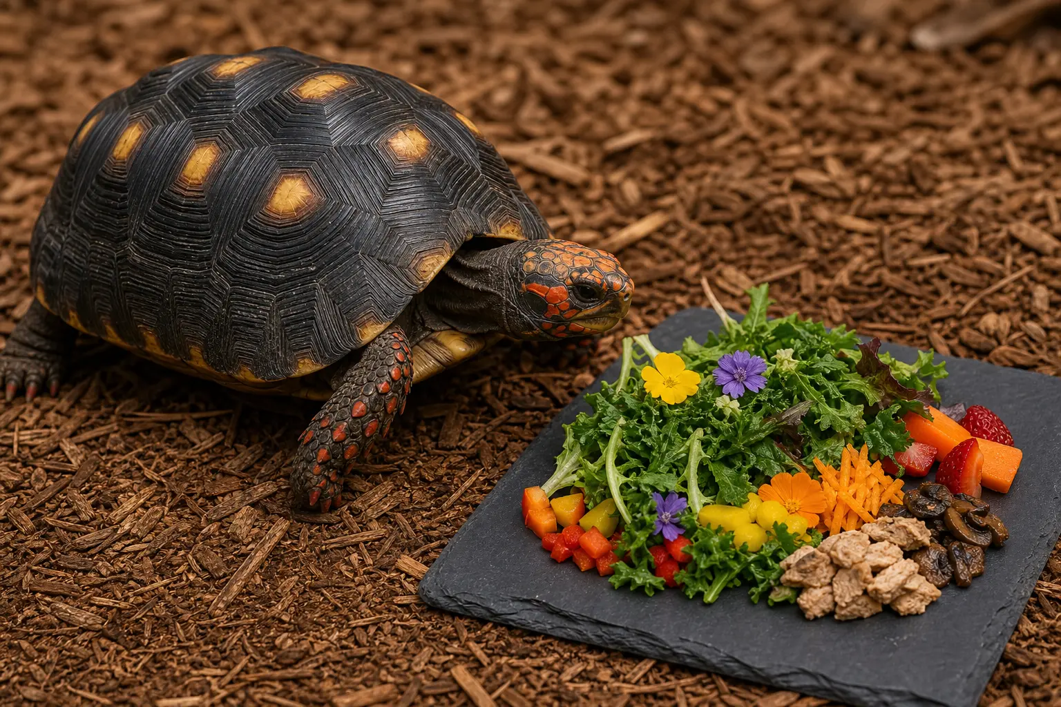 Adult red-footed tortoise with a yellow-centred dark shell and red-orange face and legs approaching a varied species-appropriate measured meal prepared on a clean feeding surface.