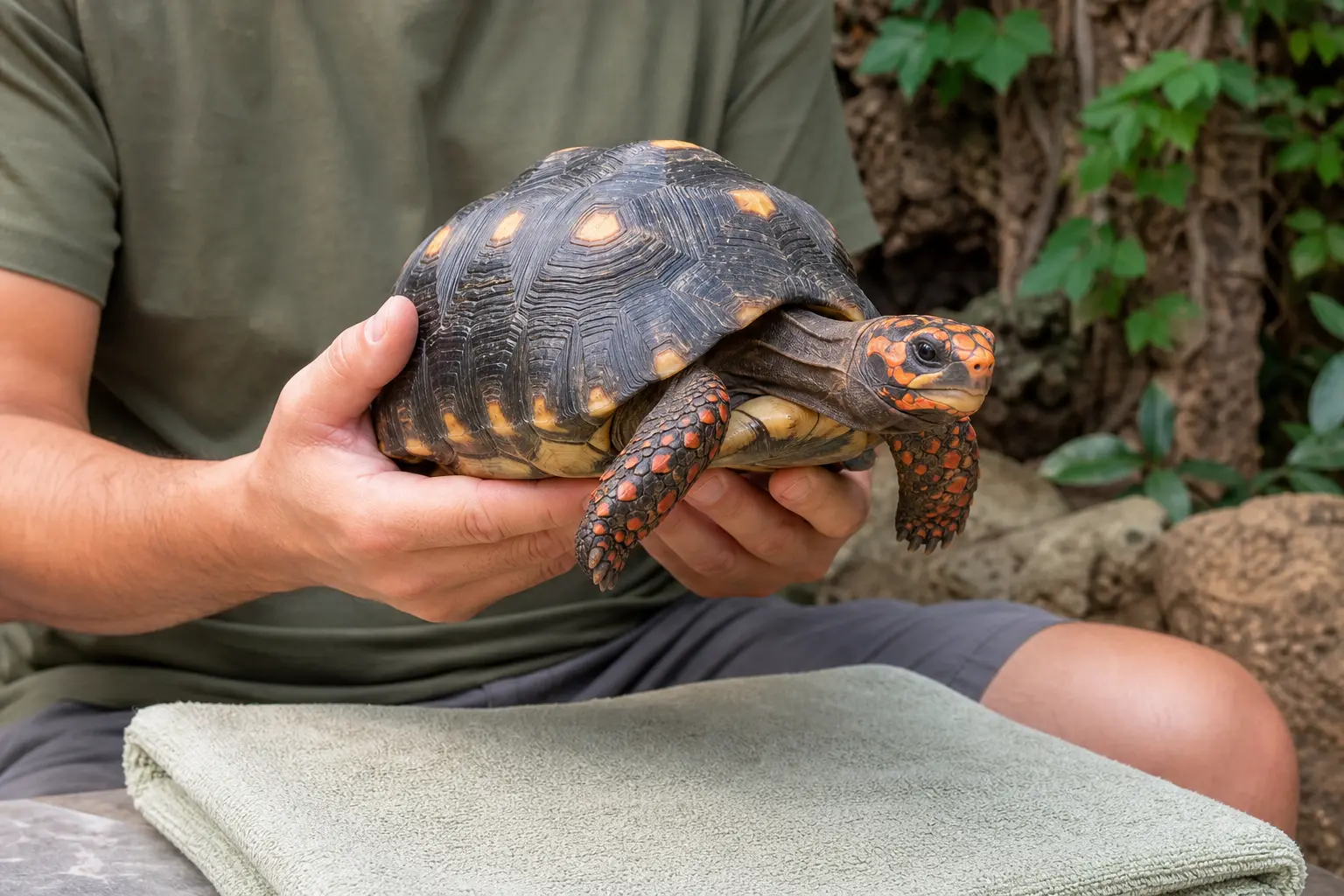 Adult red-footed tortoise with a yellow-centred dark shell and red-orange face and legs fully supported low over a clean towel during a brief calm handling session.