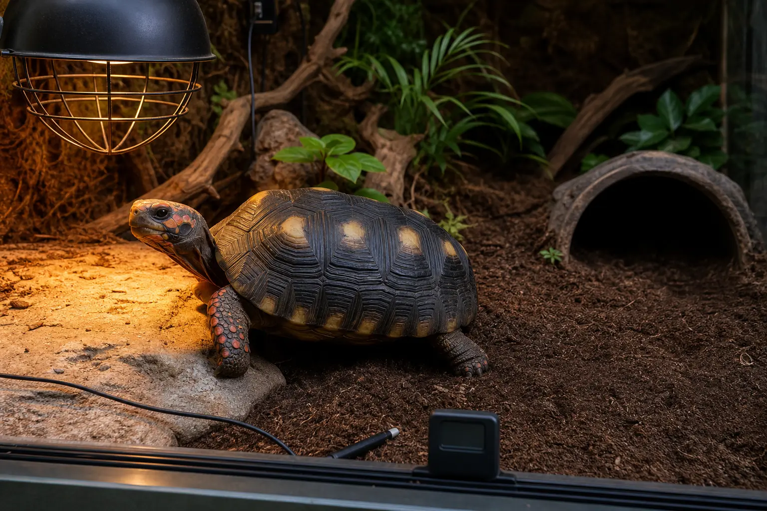 Adult red-footed tortoise with a yellow-centred dark shell and red-orange face and legs using a measured warm zone beside guarded thermostat-controlled heat and a shaded cool retreat.