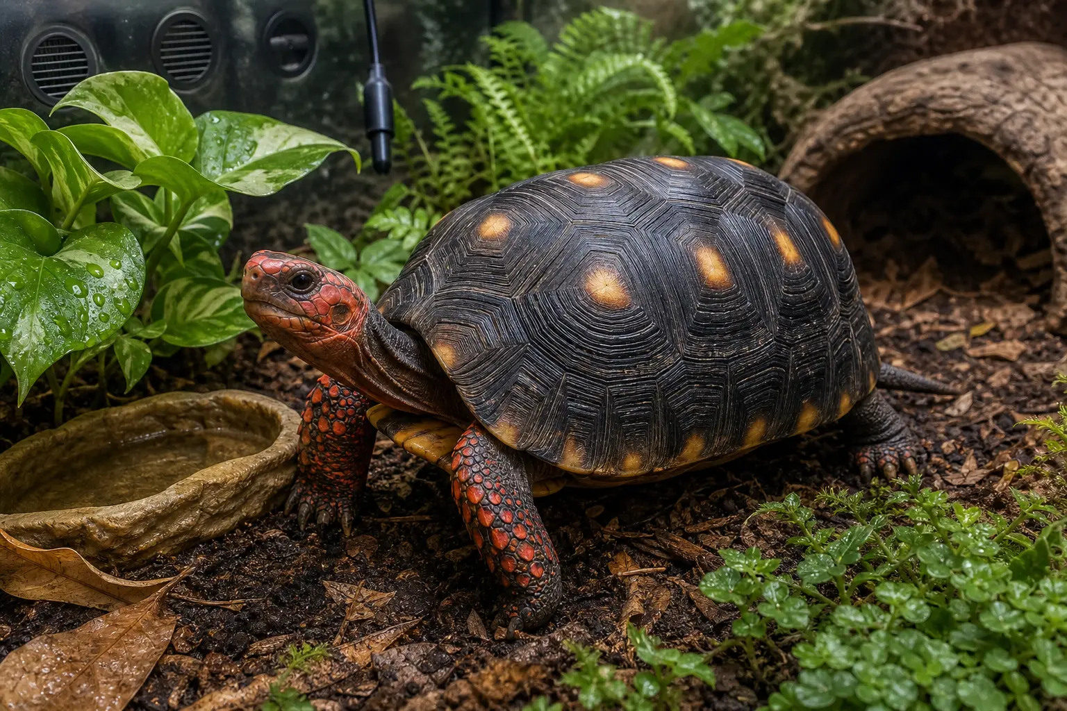Adult red-footed tortoise with a yellow-centred dark shell and red-orange face and legs beside species-appropriate moisture, dry footing, clean water, ventilation, and a blank hygrometer.