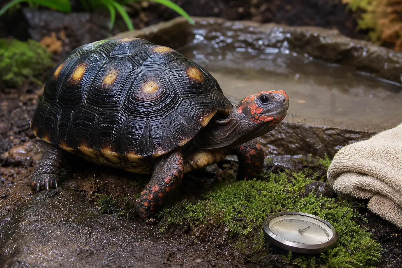Adult red-footed tortoise with a yellow-centred dark shell and red-orange face and legs during a calm post-shed visual check without pulling skin or shell material.