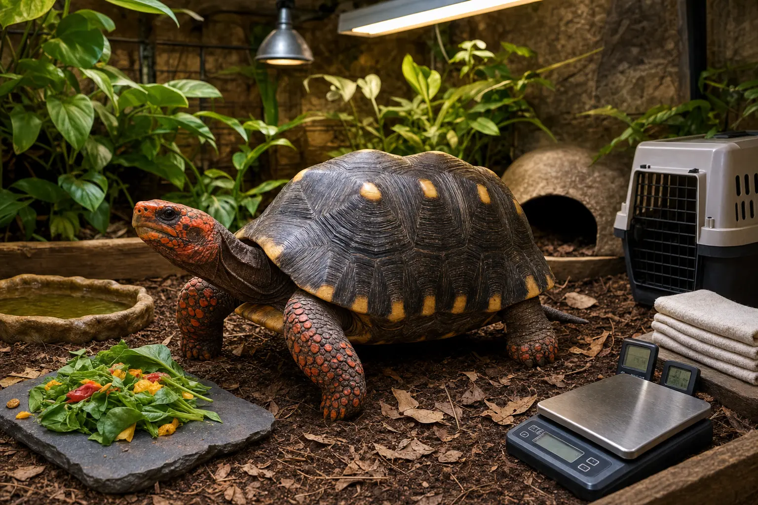 Adult red-footed tortoise with a yellow-centred dark shell and red-orange face and legs in a finished habitat beside organized climate controls, lighting, care tools, a scale, and a carrier.