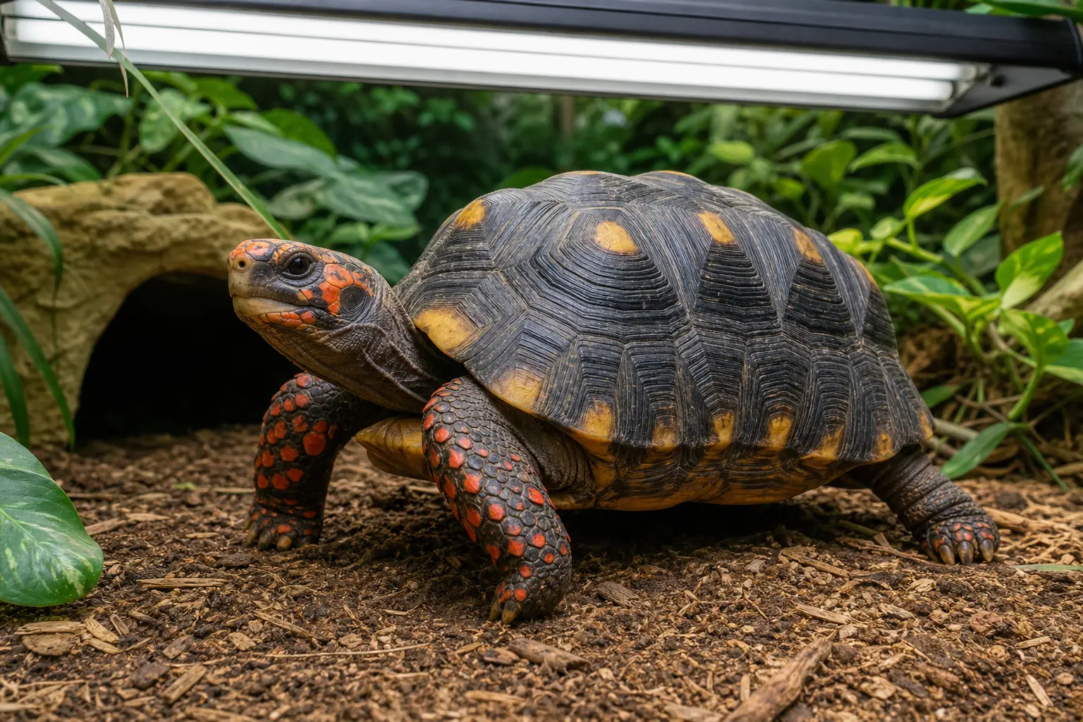 Adult red-footed tortoise with a yellow-centred dark shell and red-orange face and legs using a measured UVB-and-shade gradient with a clear route into complete cover.