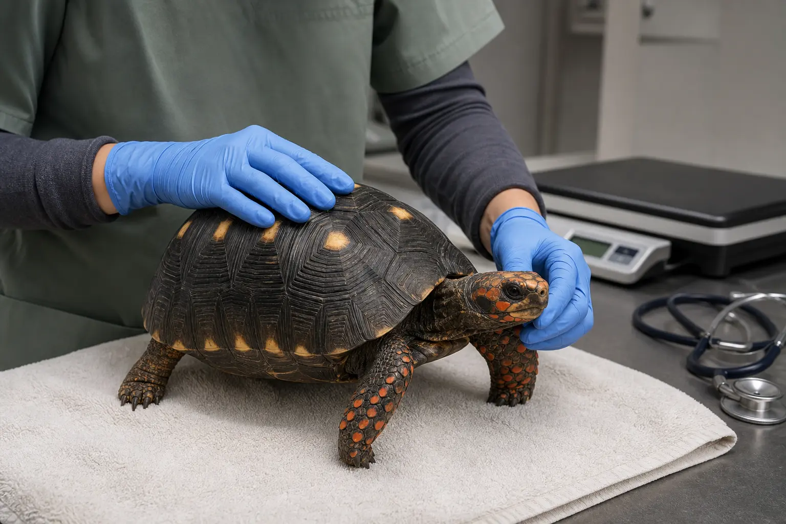 Adult red-footed tortoise with a yellow-centred dark shell and red-orange face and legs receiving a calm non-invasive wellness examination from a reptile veterinarian on a clean towel.