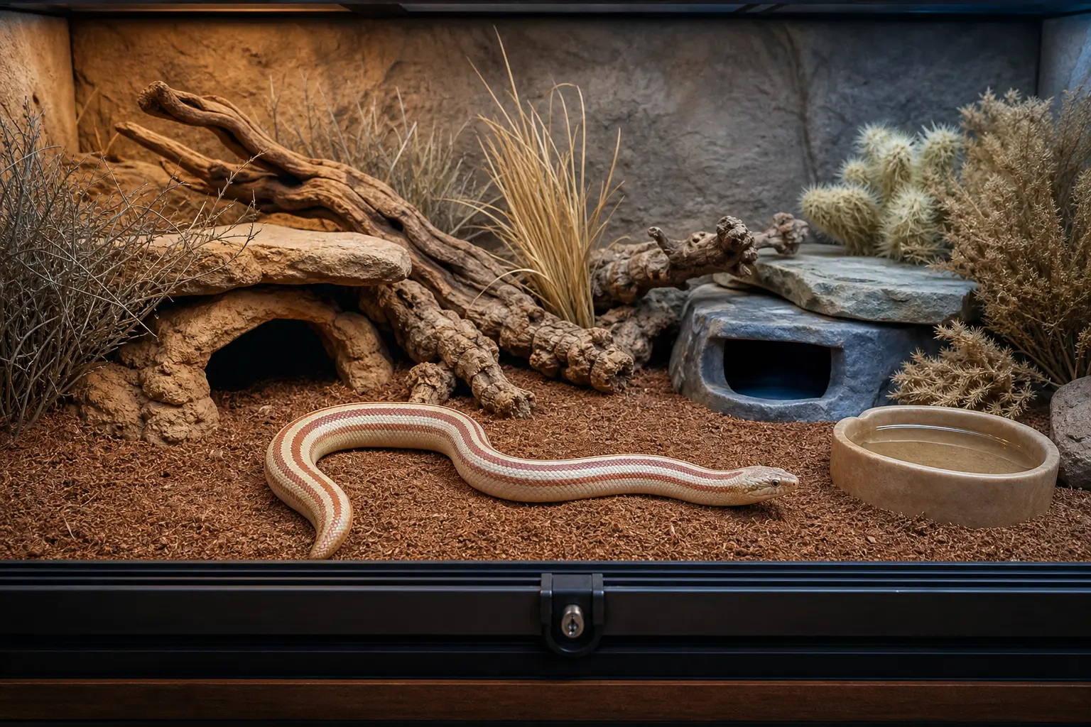 Adult rosy boa exploring a secure adult-length enclosure with snug warm and cool hides, low branches, deep burrowing substrate, a humid retreat, and fresh water.