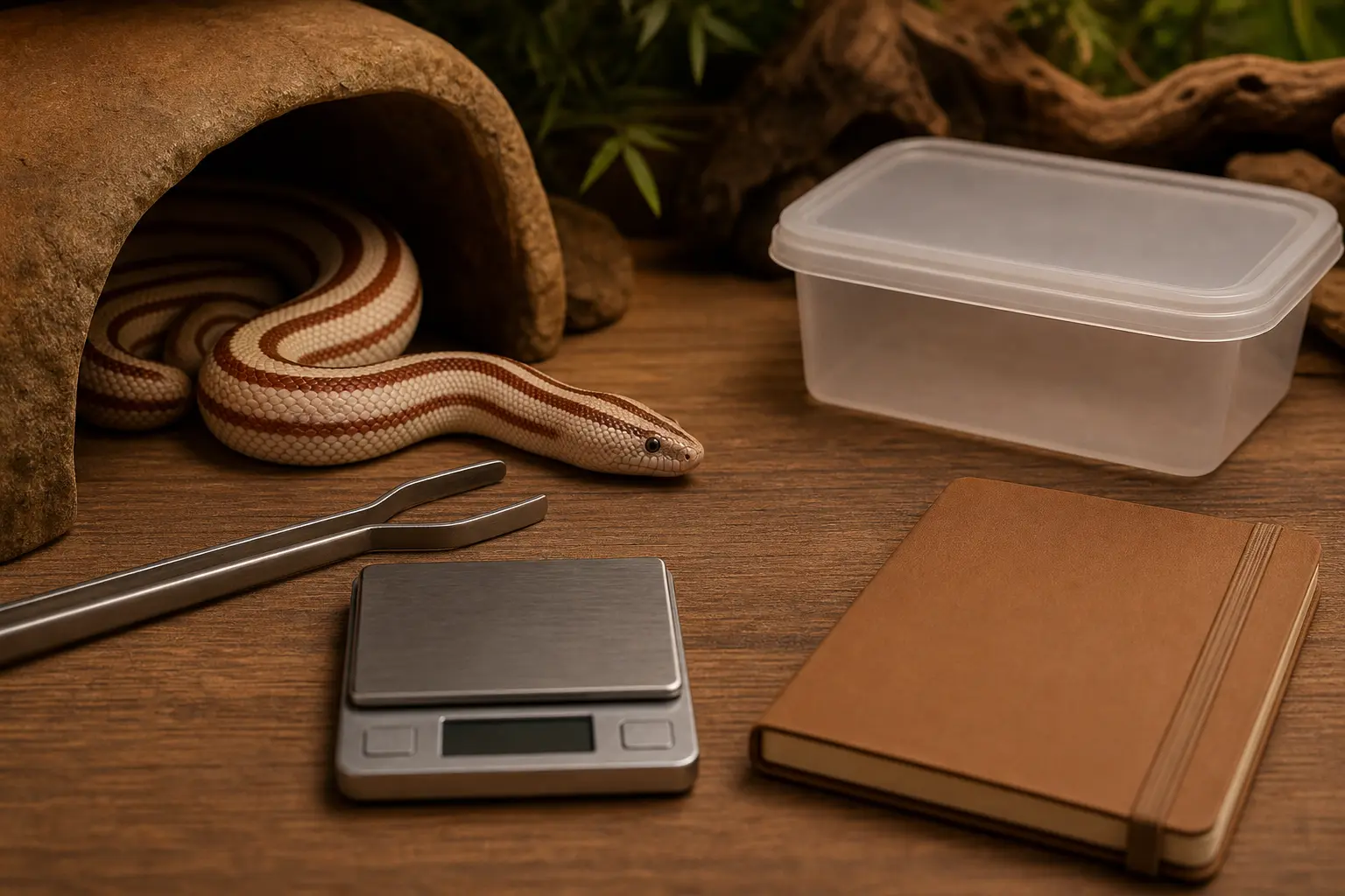 Adult rosy boa watching from a snug hide beside a sealed prey container, long feeding tongs, a gram scale, and a closed care notebook.