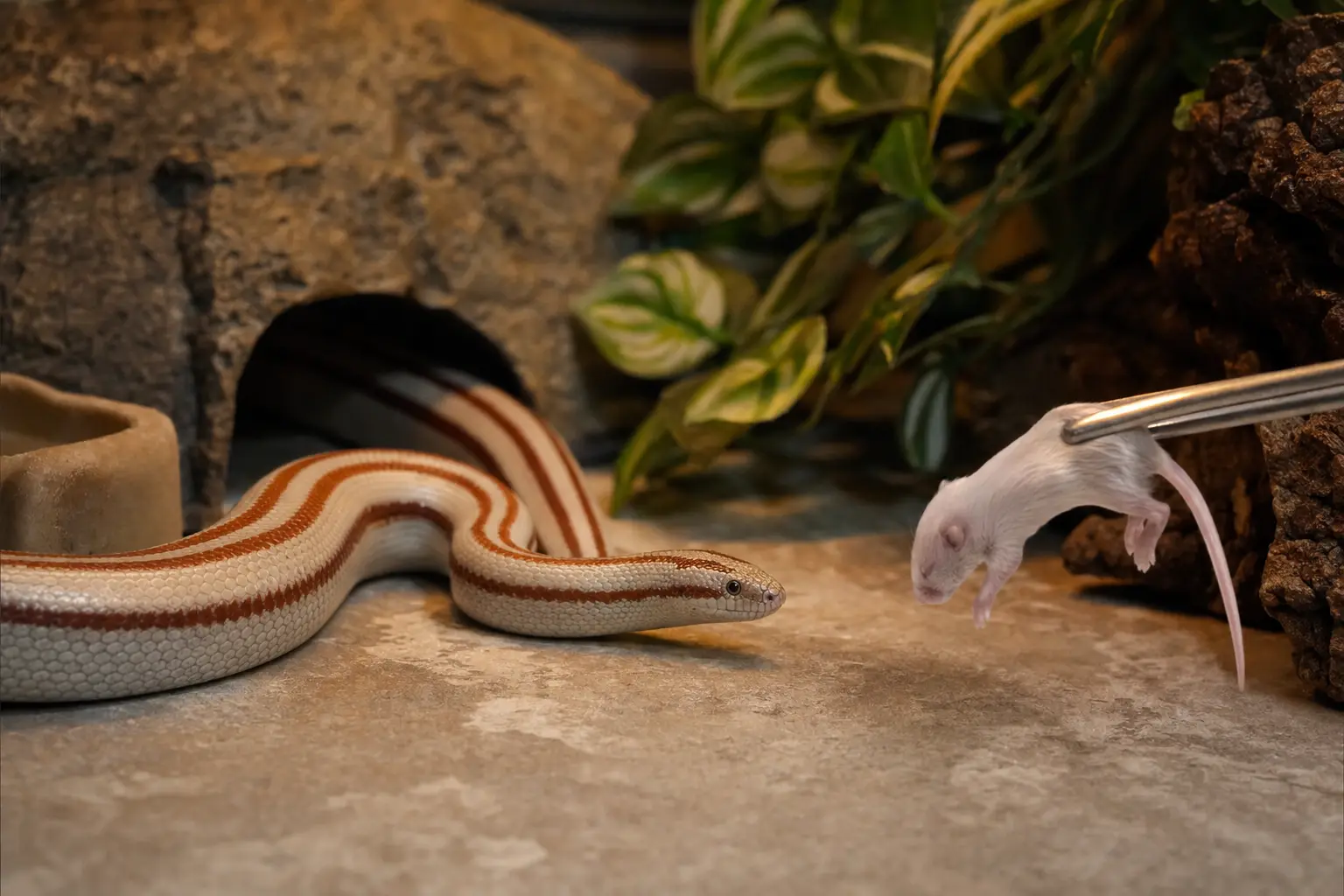 Adult rosy boa calmly watching an appropriately sized fully thawed feeder mouse presented with long feeding tongs inside its secure enclosure.