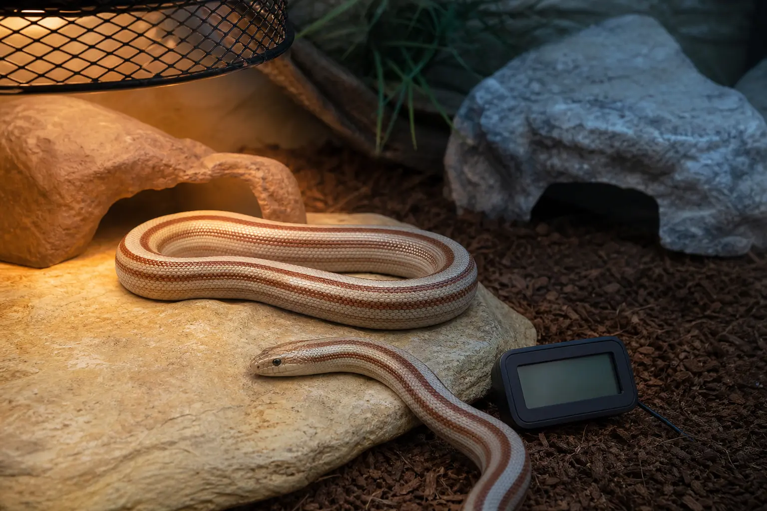 Adult rosy boa resting near a guarded overhead basking zone with fixed probes, blank thermometers, and a shaded cool retreat.