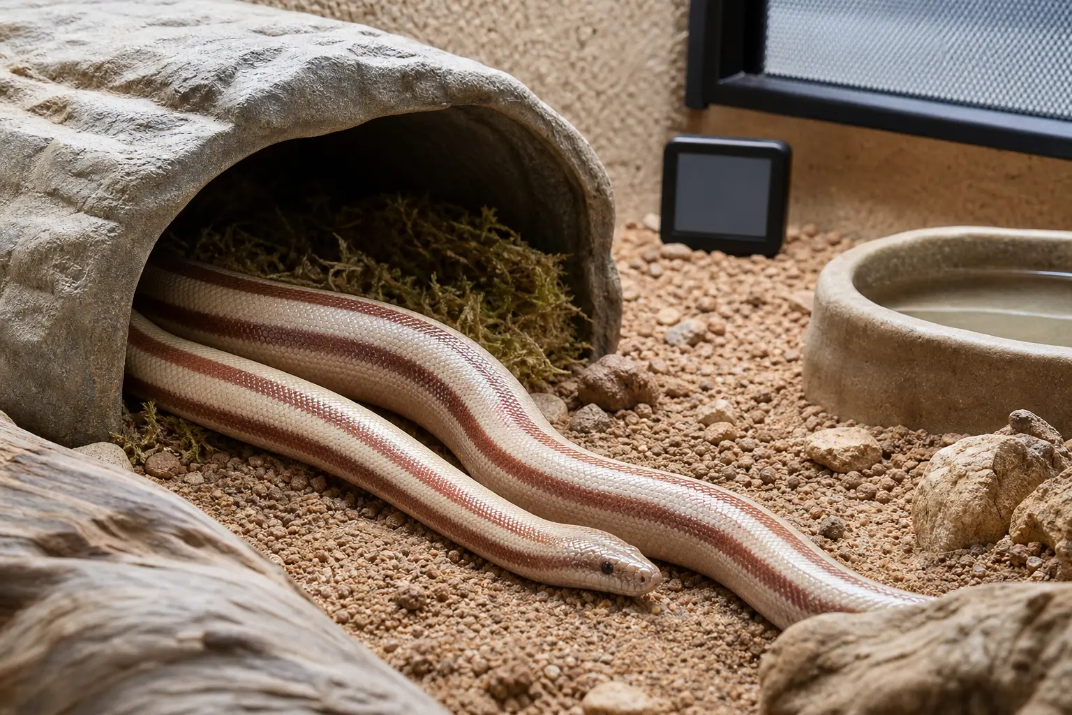 Adult rosy boa at a cool humid-hide entrance in a mostly dry ventilated enclosure with fresh water and a blank hygrometer.
