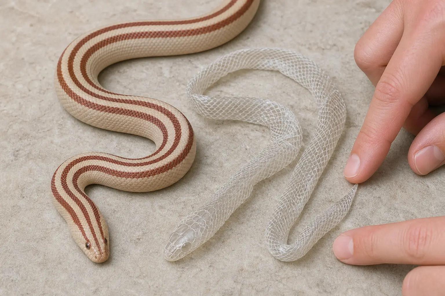 Adult rosy boa beside a complete translucent shed skin while a keeper checks the empty shed for both eye caps and the tail tip.