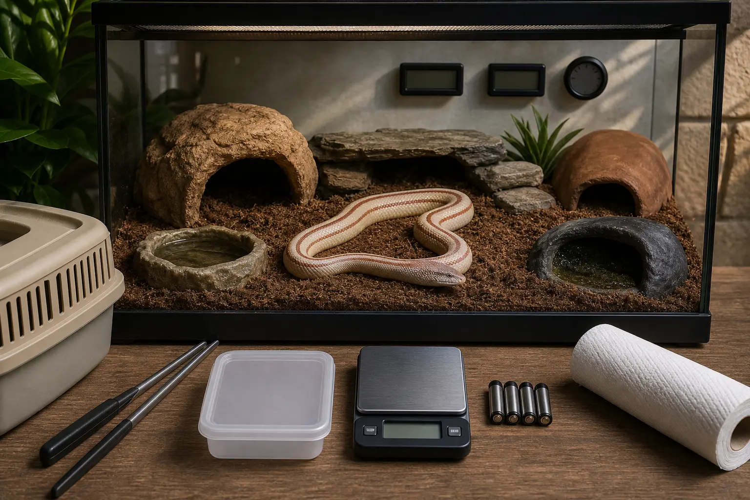 Adult rosy boa in a finished secure habitat beside organized climate controls, low-intensity lighting, feeding tongs, a gram scale, and a ventilated carrier.