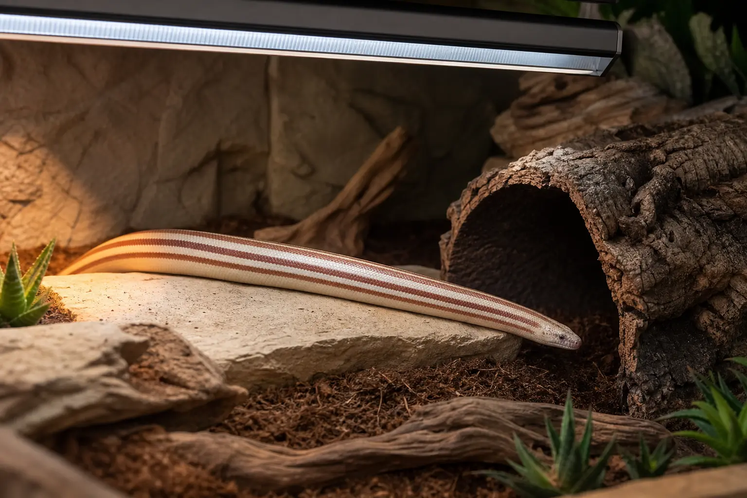 Adult rosy boa moving between a gently lit basking ledge beneath low-intensity linear UVB and a snug fully shaded hide.