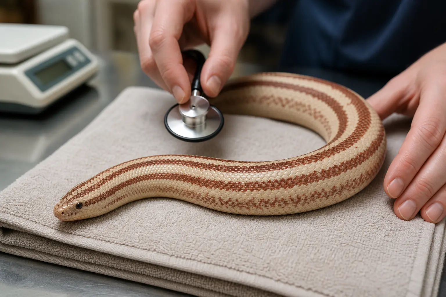 Healthy adult rosy boa receiving a calm routine examination from a reptile veterinarian on a clean towel.