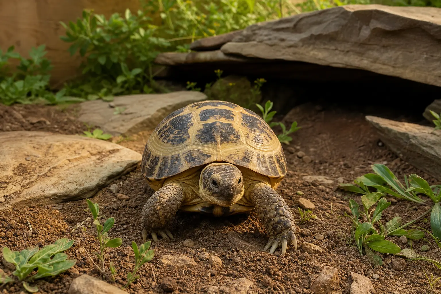 Alert adult Russian tortoise walking through a spacious dry planted habitat with its rounded tan-and-dark shell, sturdy digging legs, and clear eyes in view.