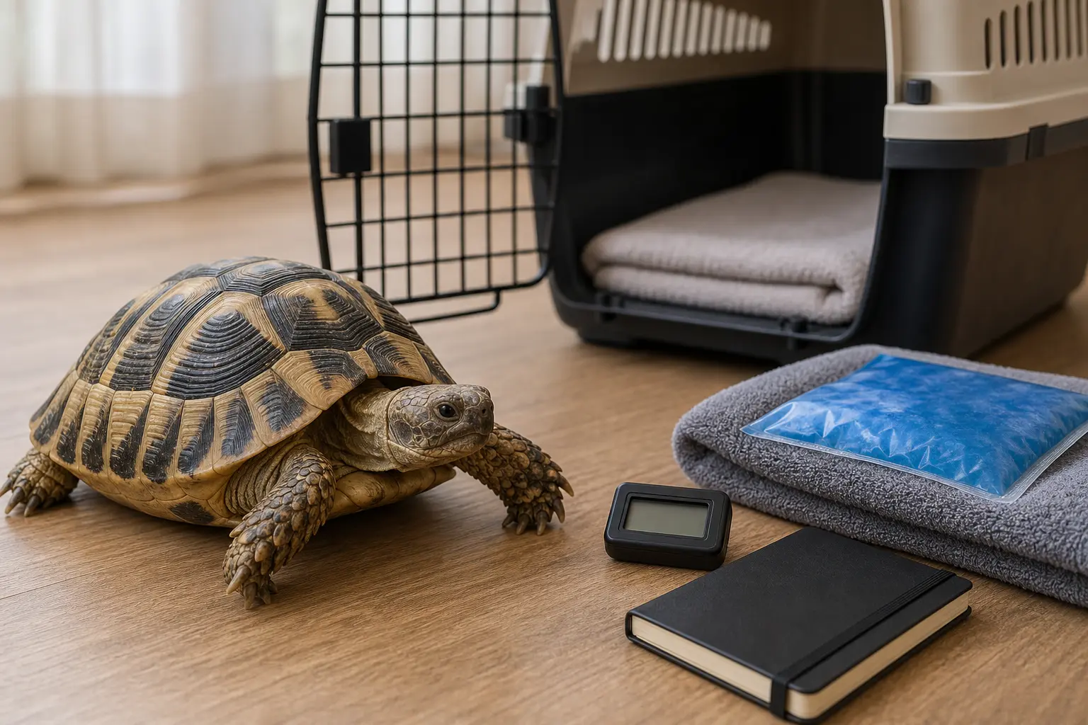 Healthy adult Russian tortoise beside a secure ventilated carrier, clean towel, digital thermometer, blank care notebook, and safely buffered temperature pack.