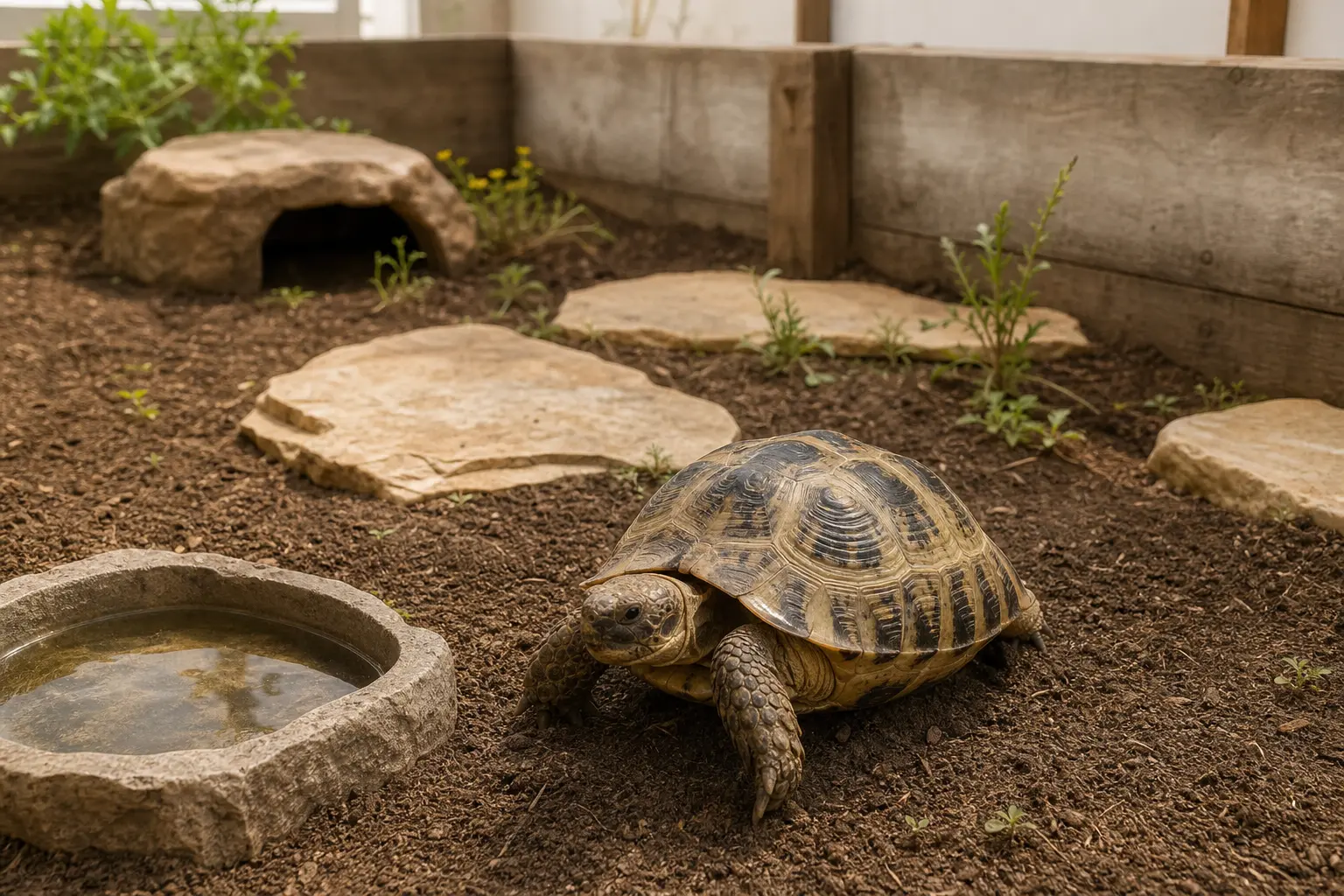 Adult Russian tortoise in a spacious secure indoor habitat with deep diggable soil, dry footing, shade, a hide, safe plants, basking stones, and shallow water.