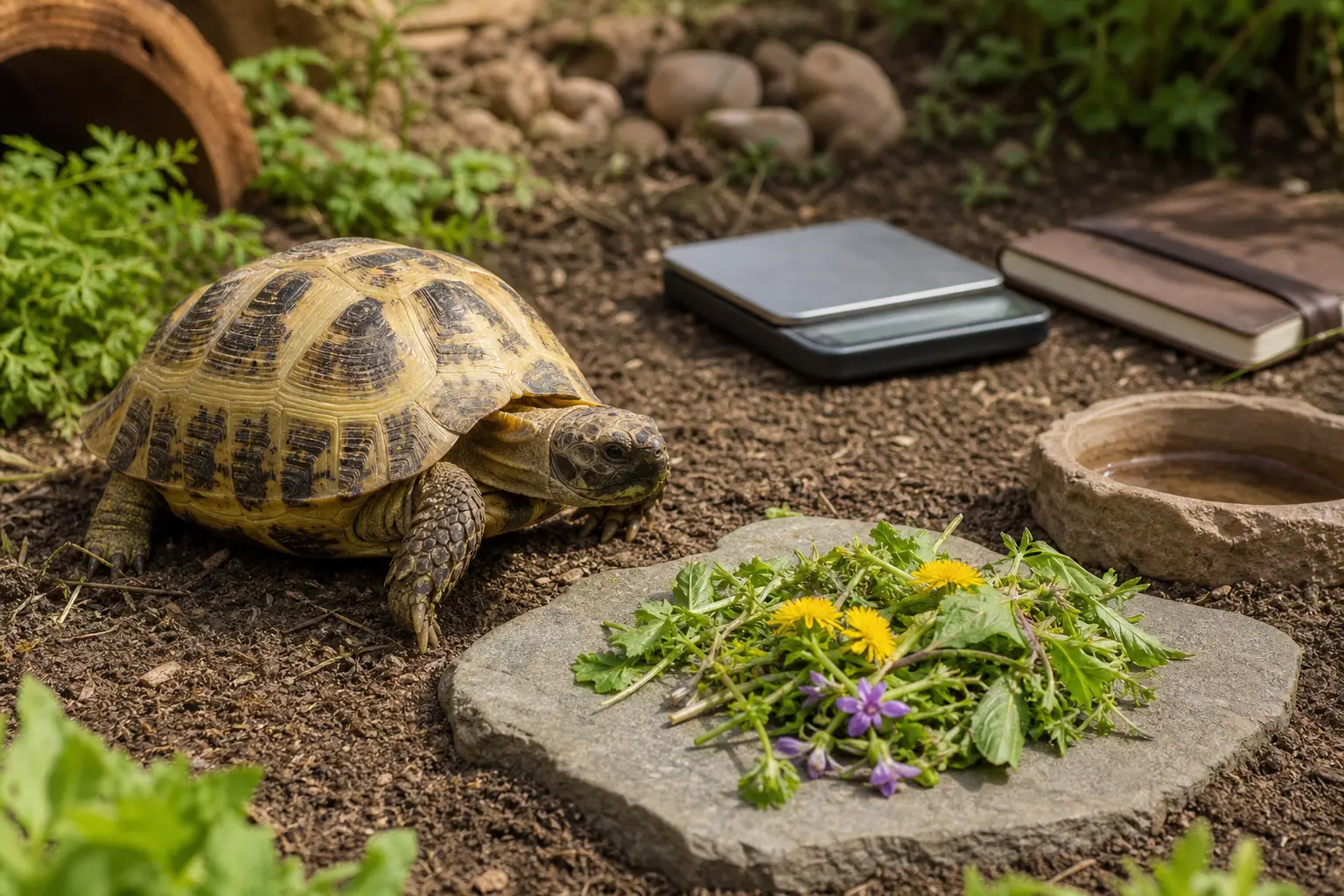 Adult Russian tortoise beside a measured daytime plant meal, a gram scale, and a closed care notebook in a bright naturalistic habitat.