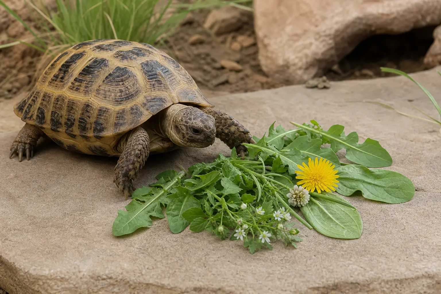 Adult Russian tortoise approaching a varied spread of safe pesticide-free leafy weeds and flowers on a clean stone feeding surface.