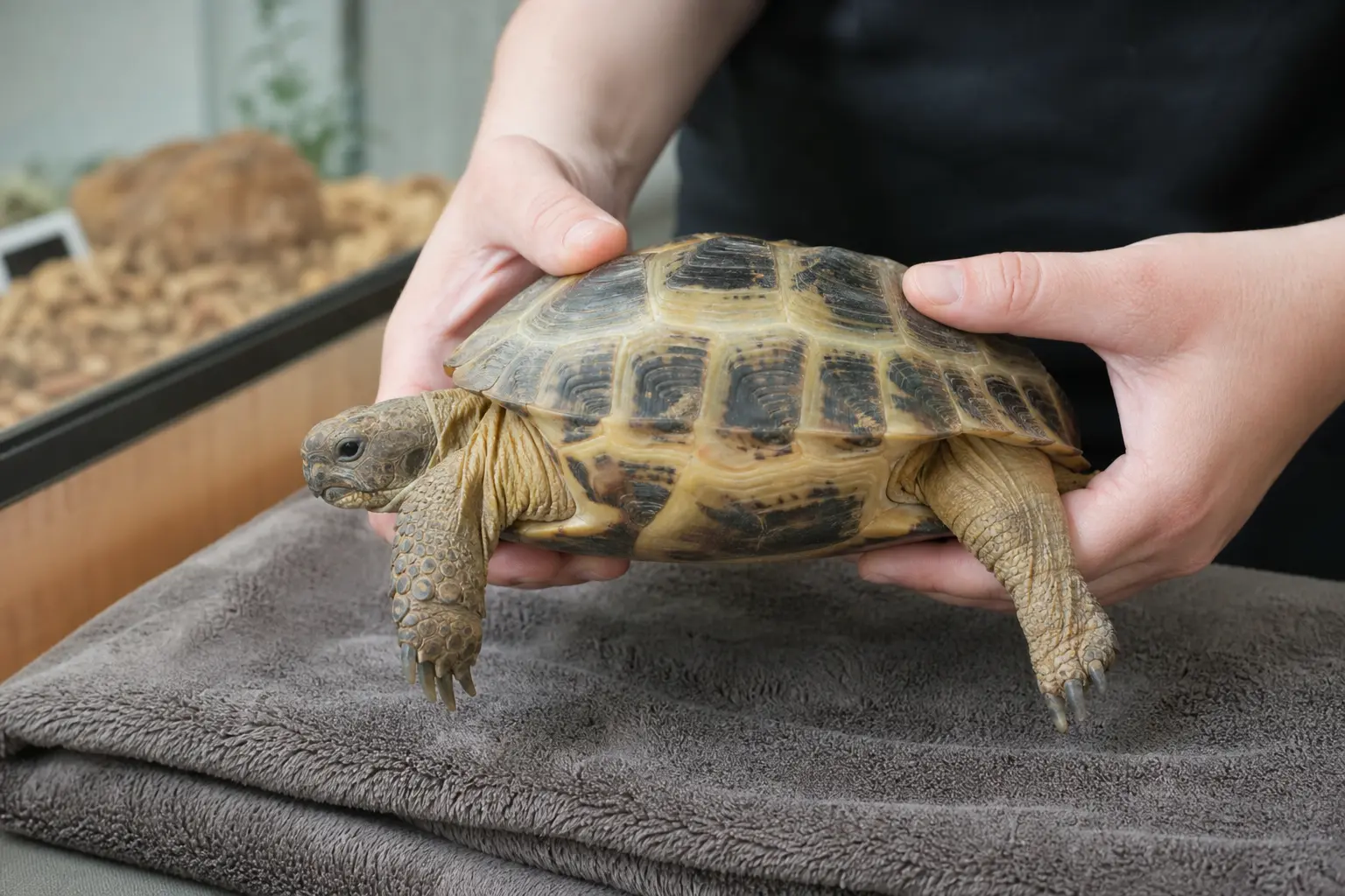 Adult Russian tortoise held low over a towel with two hands supporting both sides of the shell and the whole plastron.
