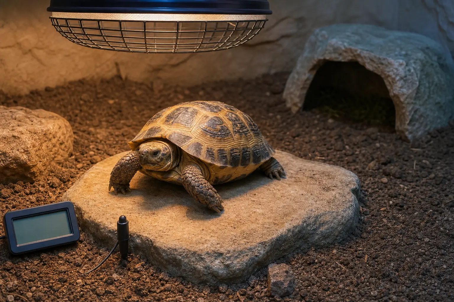 Adult Russian tortoise basking beneath guarded overhead heat with a broad warm patch, fixed probes, and a shaded cool retreat across the habitat.