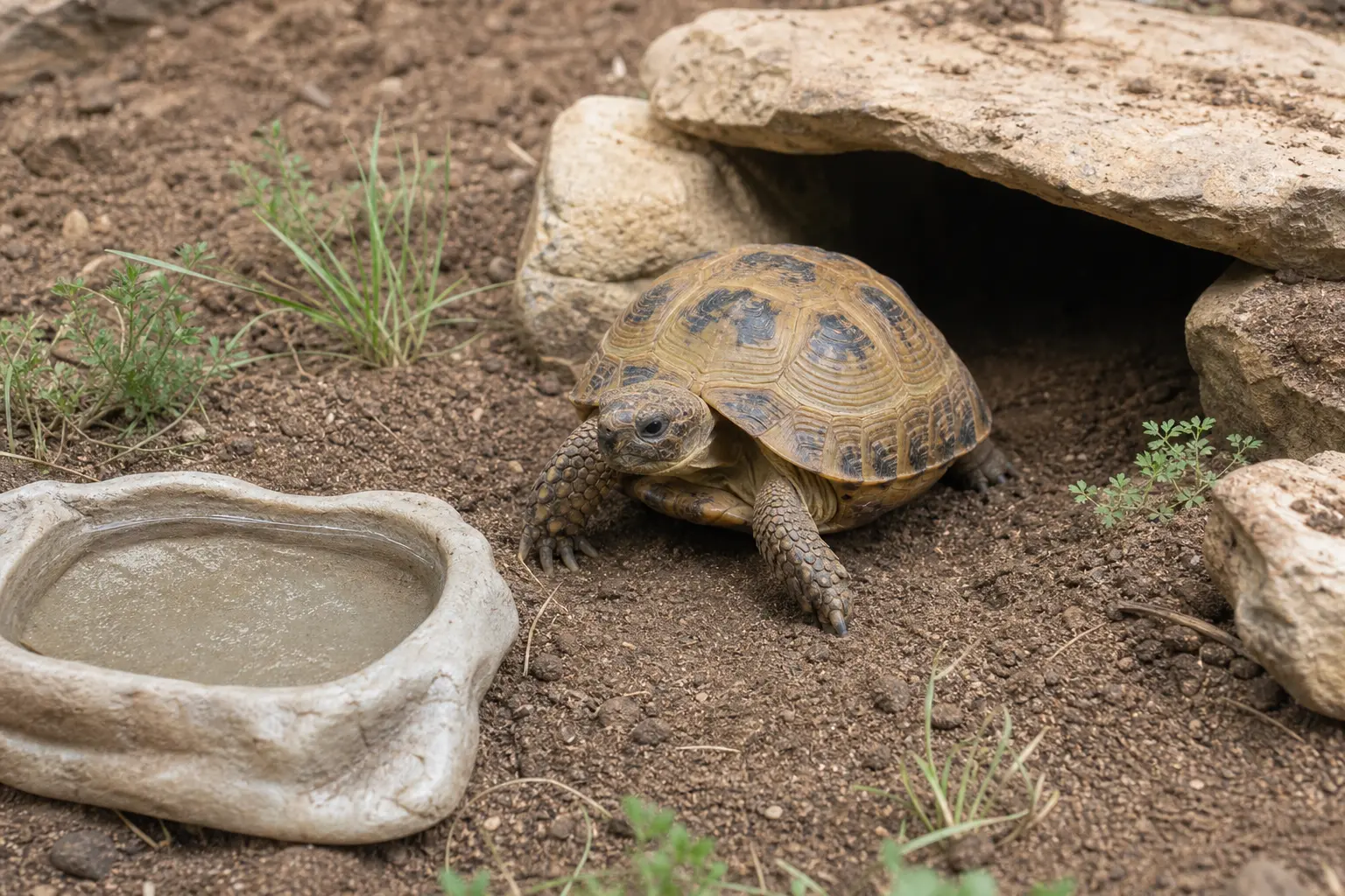Adult Russian tortoise beside a shallow clean water dish and a sheltered burrow in an otherwise dry, well-ventilated planted habitat.