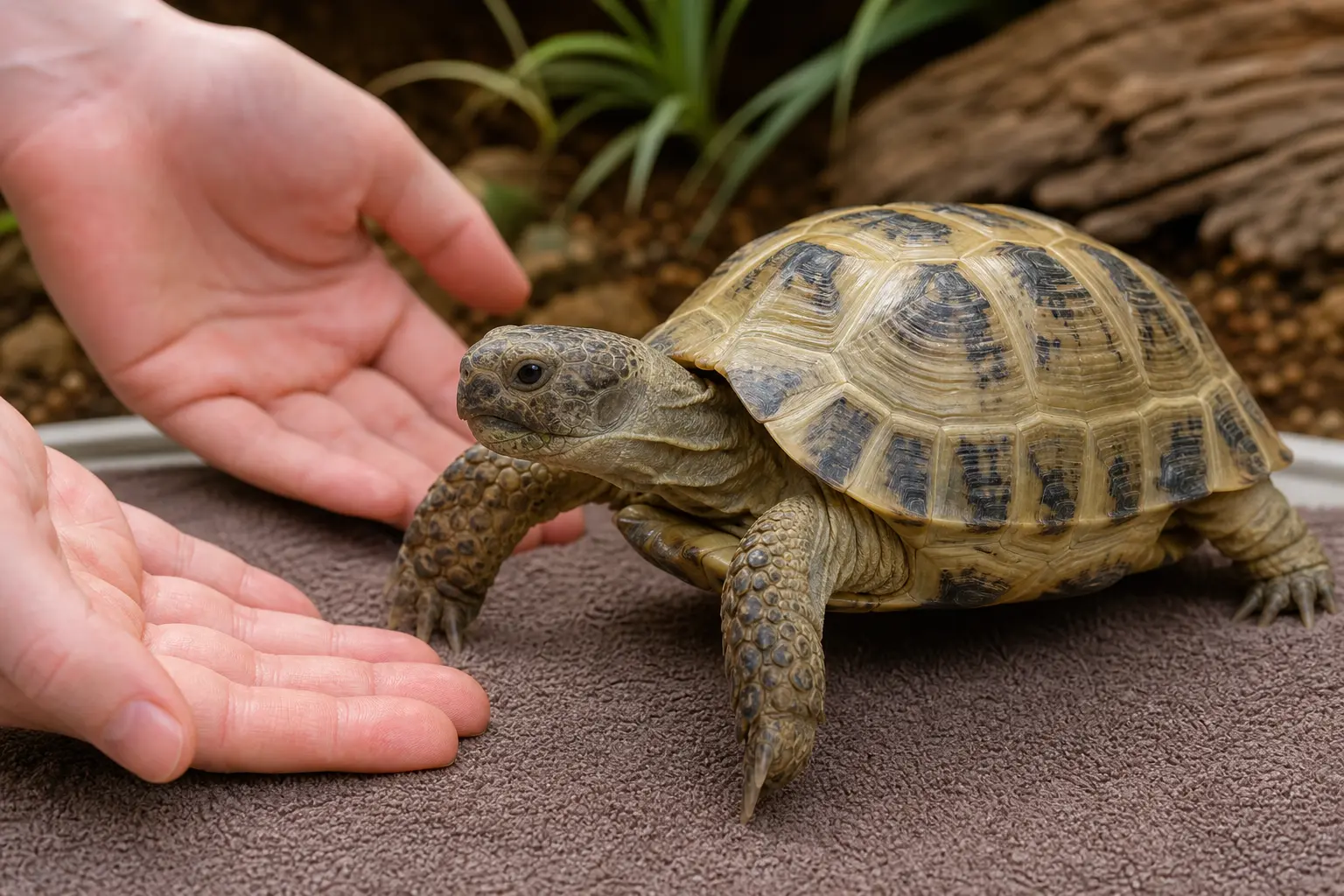 Adult Russian tortoise standing calmly while a keeper visually checks the neck and leg skin without pulling naturally loosening flakes.