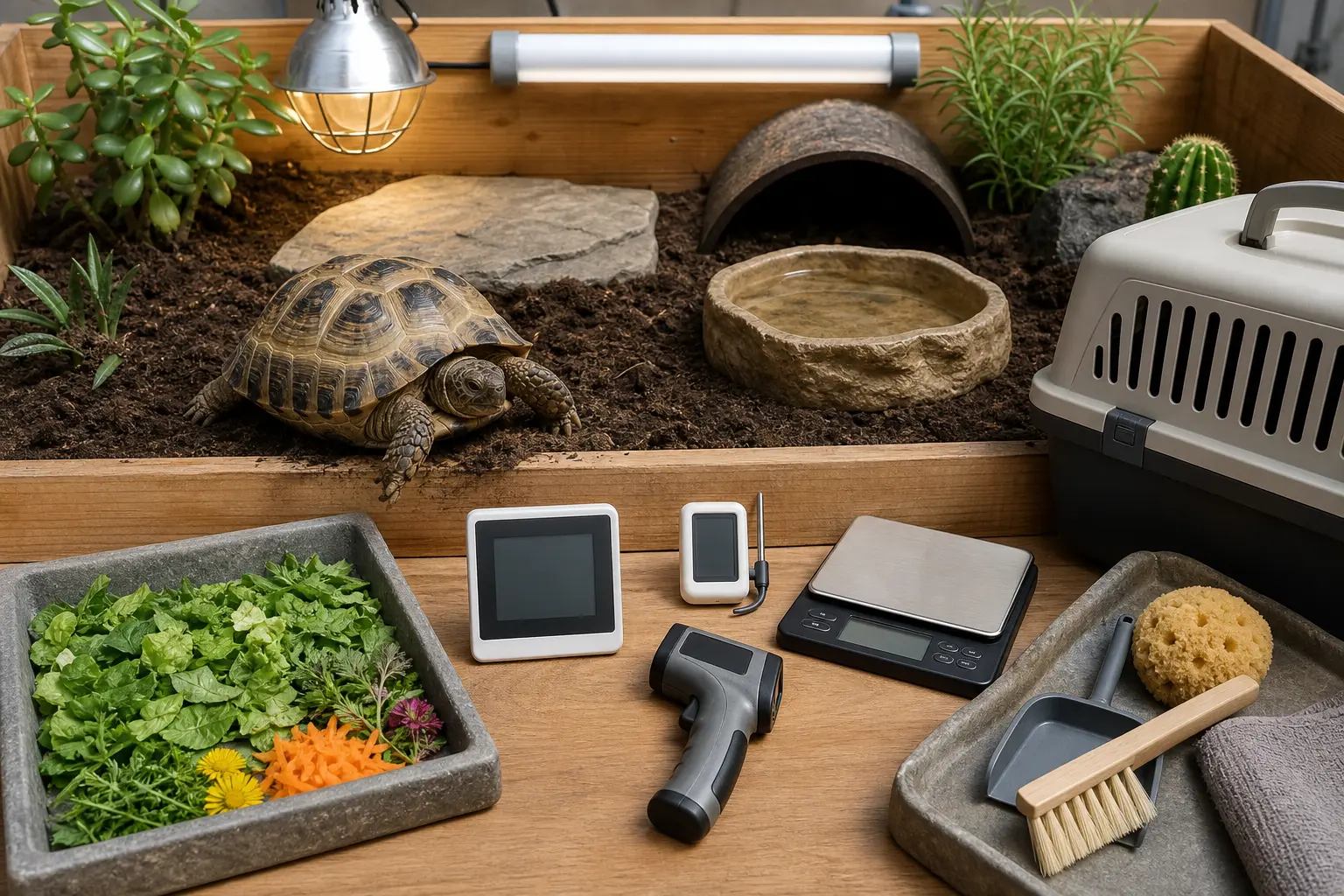 Adult Russian tortoise in a finished habitat beside organized lighting, climate controls, a shallow water dish, plant-food tools, a scale, and a ventilated carrier.