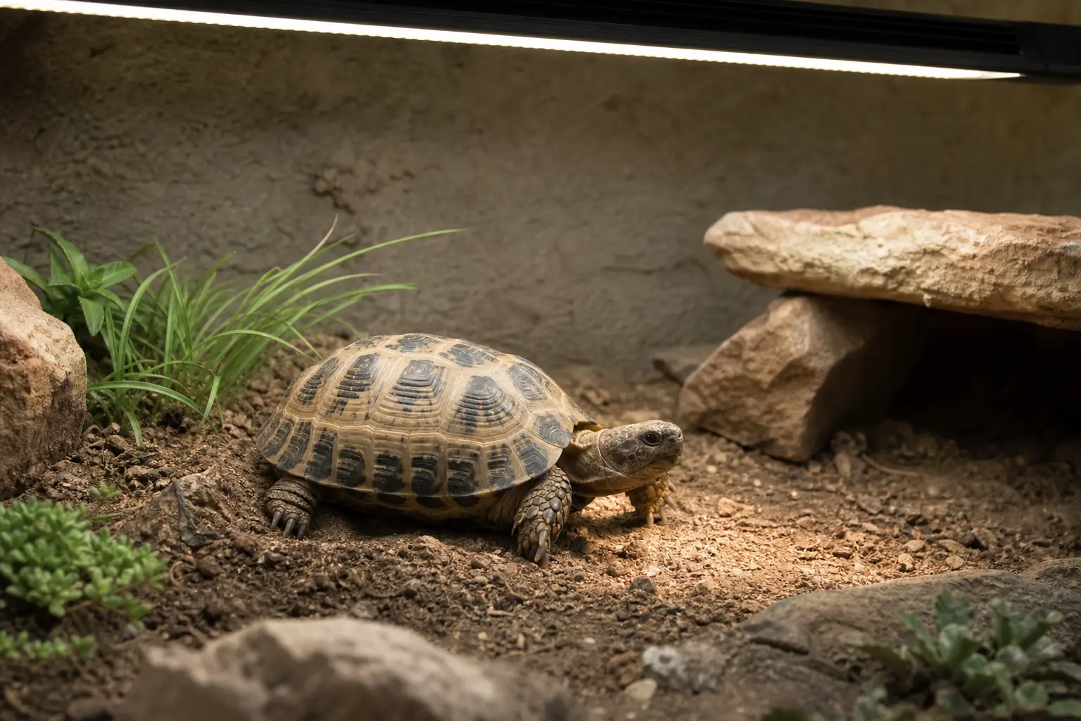 Adult Russian tortoise using a broad basking area beneath linear UVB and heat with a deep shaded hide immediately available.