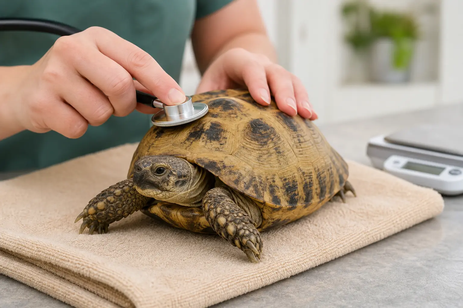 Healthy adult Russian tortoise receiving a calm routine examination from a reptile veterinarian on a clean towel.